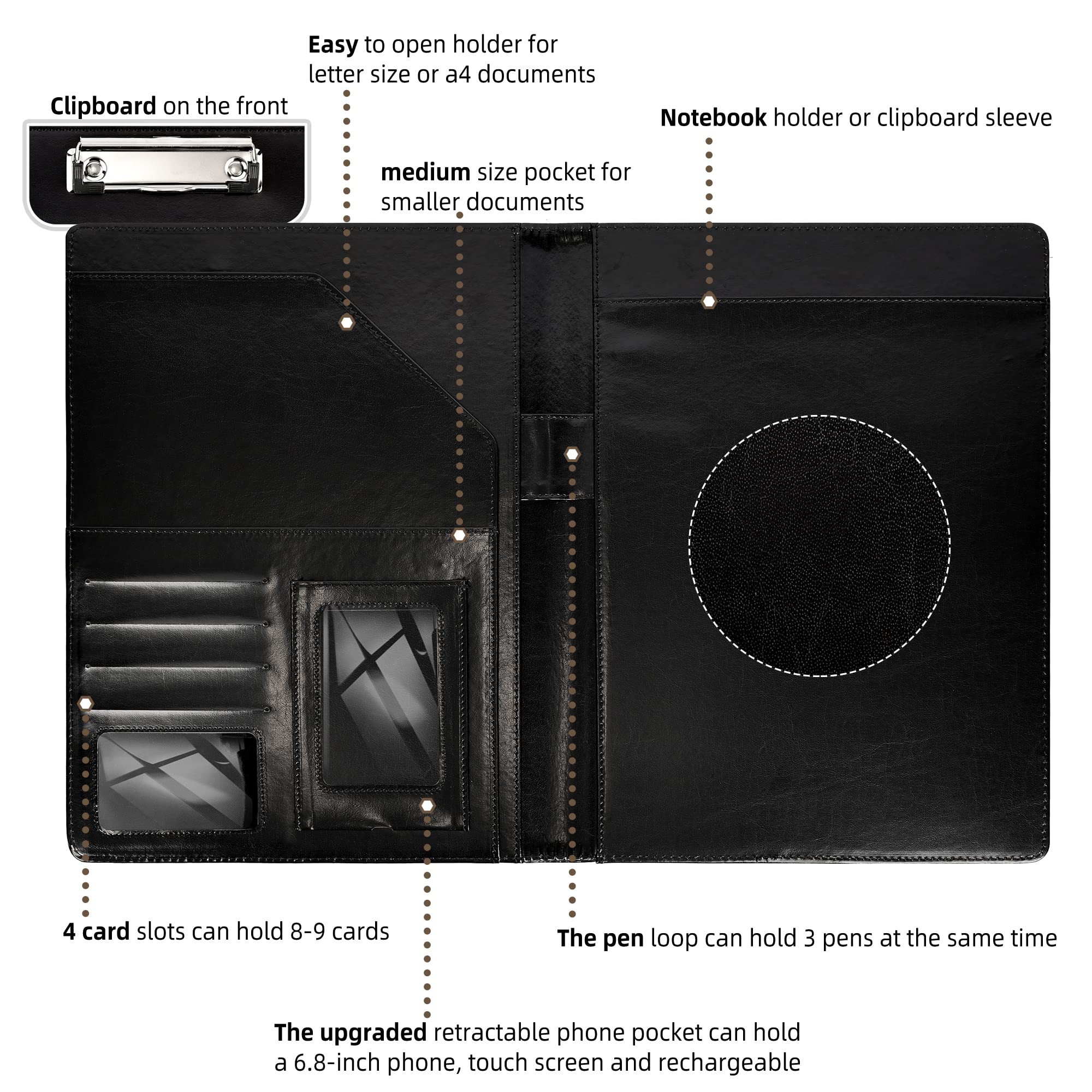 Ospelelf Leder Portfolio für Männer Klemmbrett Notizblock Business Schwarz Padfolio Flexible Portfolios