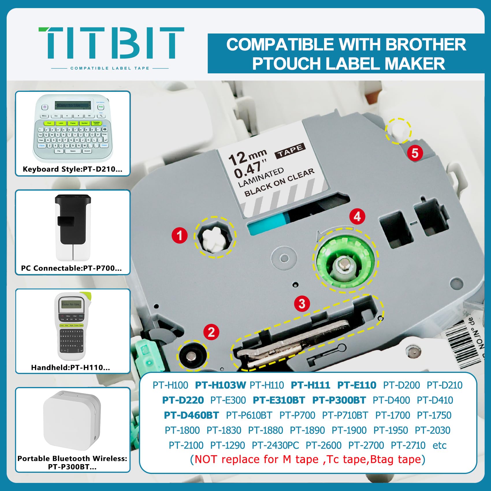 TZe-131 12mm Clear Compatible Brother P-Touch Label Tape - 4 Pack Laminated Transparent Black On Clear Refill For PT-D210 D220 H110