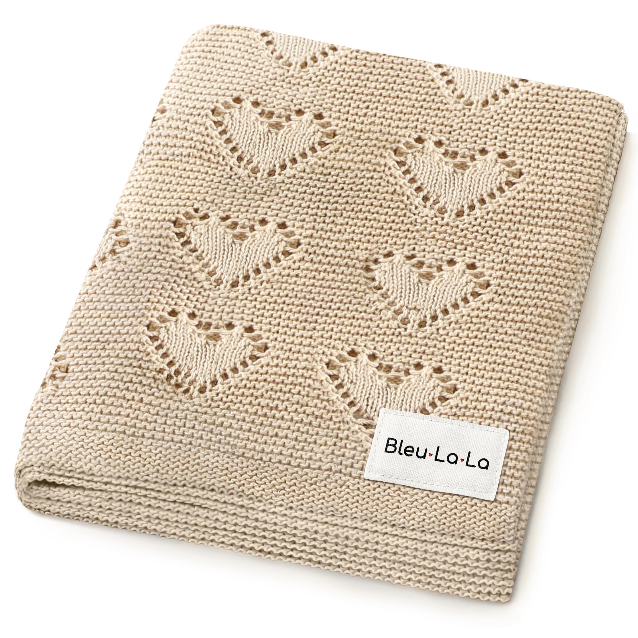 Bleu La La Heirloom Knit Heart Receiving Unisex Blanket for Boys and Girls - 100% Luxury Cotton Baby Blanket - Soft Warm Swaddle Receiving Blanket for Newborns Infants & Toddlers (Oatmeal)