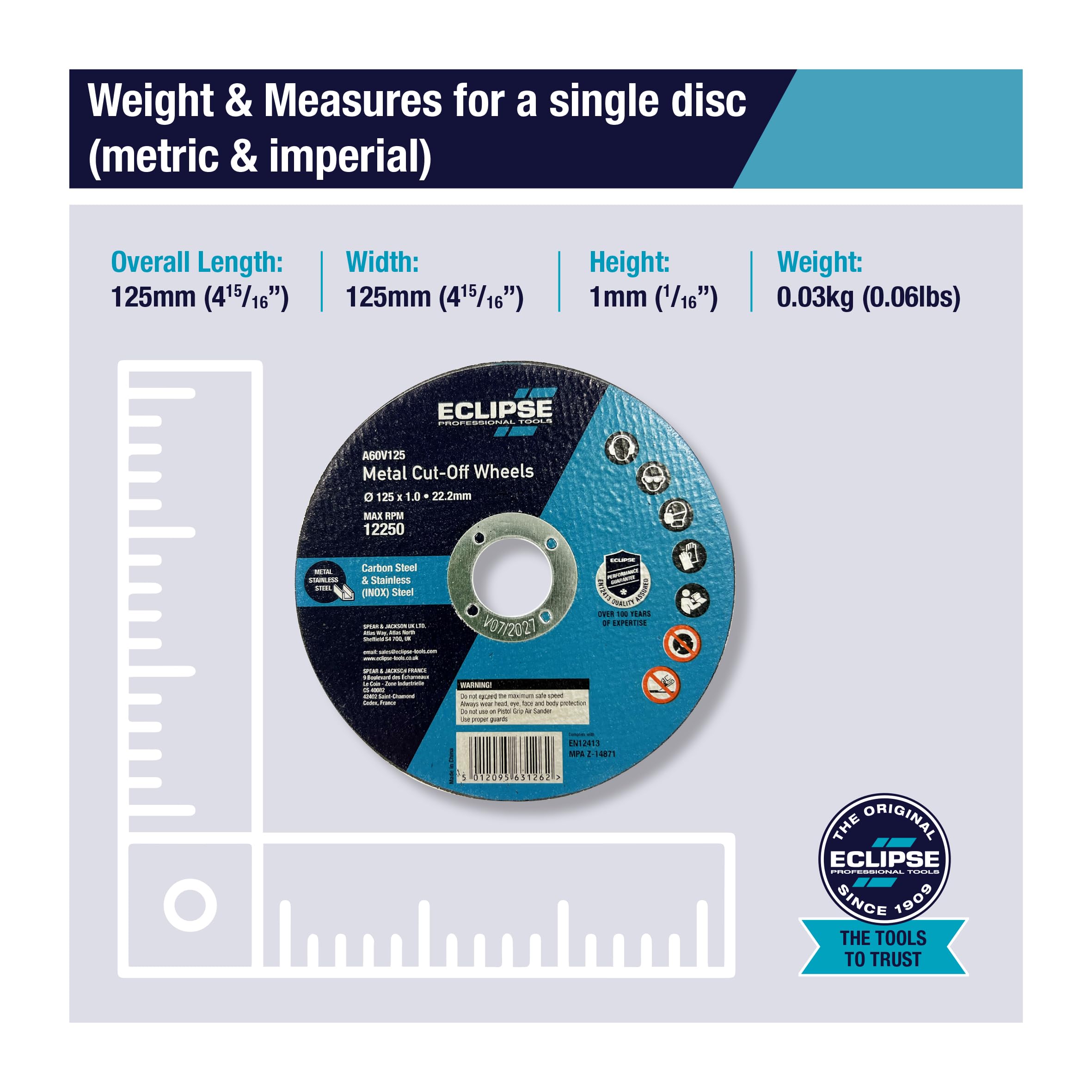 ECLIPSE Professional Tools A60V125BP Dischi da taglio ultrasottili 125 x 1.0 mm, calore minimo, perdita di materiale ridotta, per metallo, ceramica, vetro e materiali compositi, Confezione da 100 lame