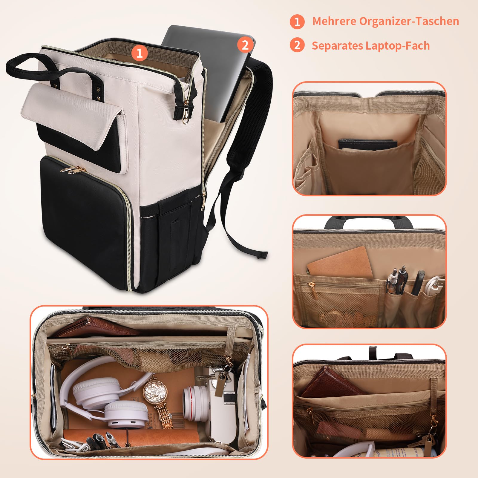 BERTASCHE Lunch Rucksack, Laptop Rucksack Damen 15,6 Zoll mit Isoliertes Kühltasche, 2-in-1-Arbeitsrucksack für Frauen/Arbeit/Business/Reisen/Lehrer/Schule/Uni，Schwarz-Beige