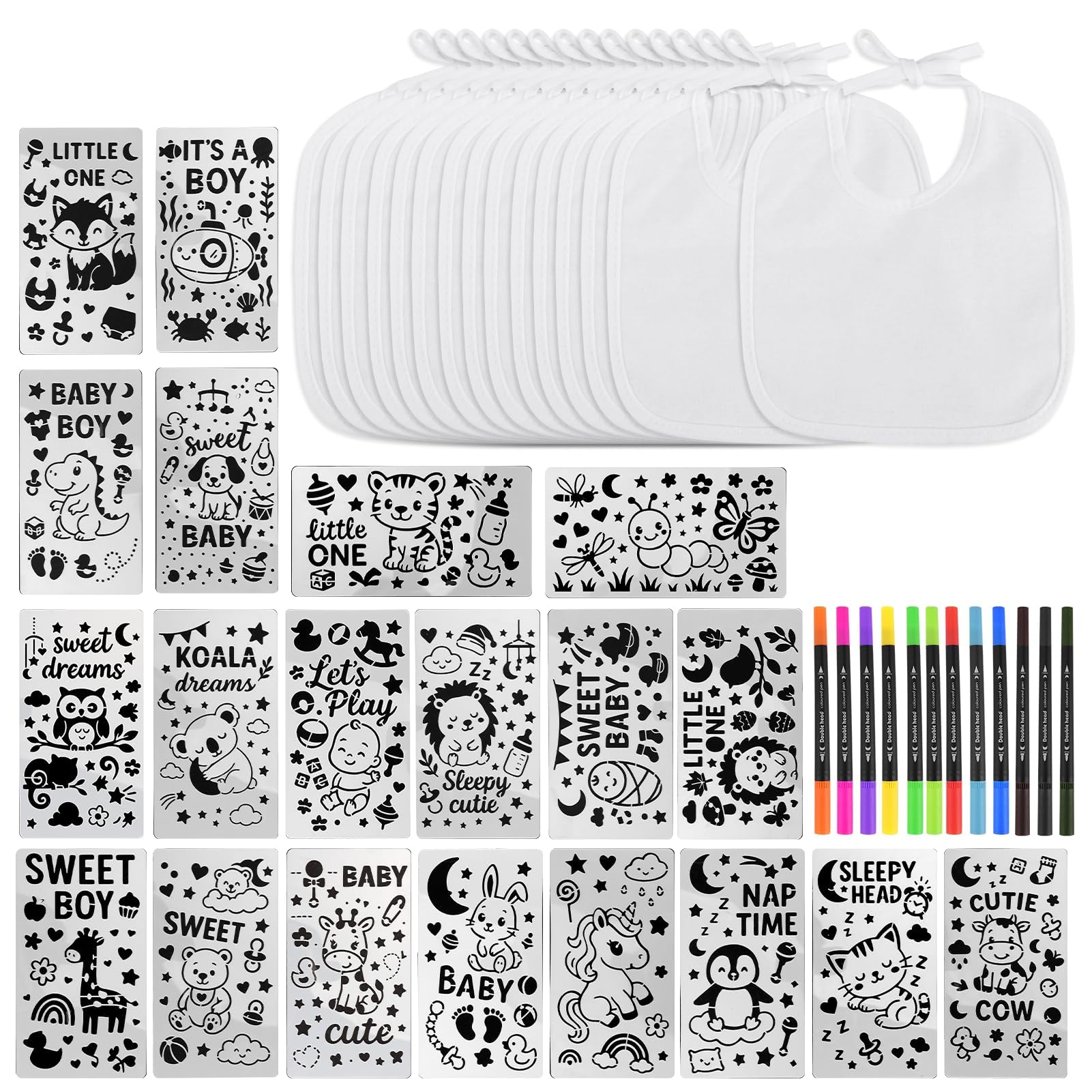 Wriligel Baberos de bebé para pintar 22x18 cm, DIY baberos bebé personalizados, juego de 15 baberos de algodón con 12 rotuladores acuarelables y 20 plantillas, regalo creativo para baby shower