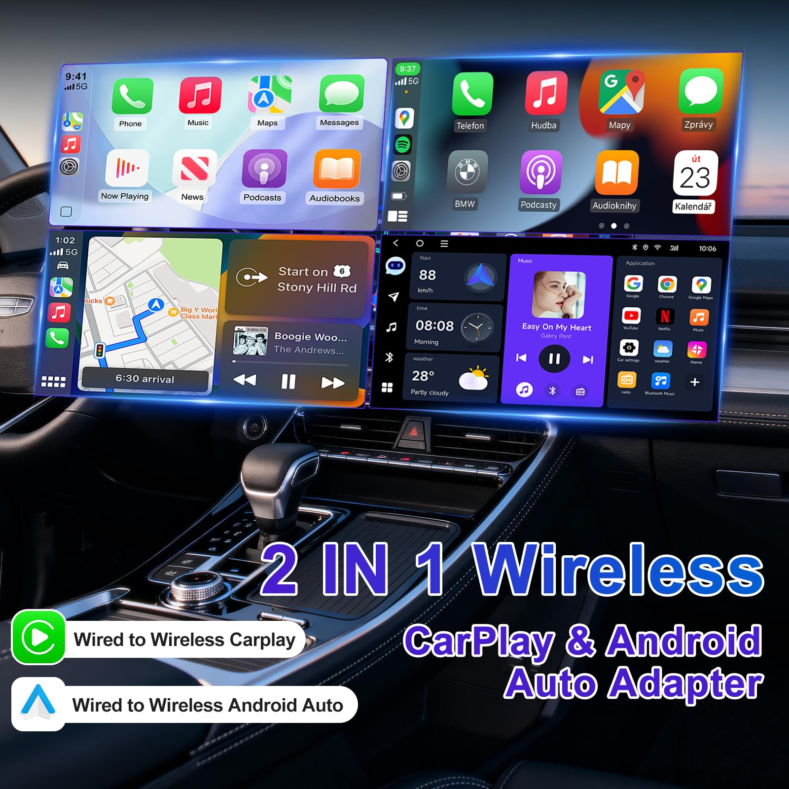 Mineup Adapter Wireless Android CarPlay, 2 in 1 Chiavetta per Convertire Cablato in Wireless, Supporta iOS 10+ e Android 11+