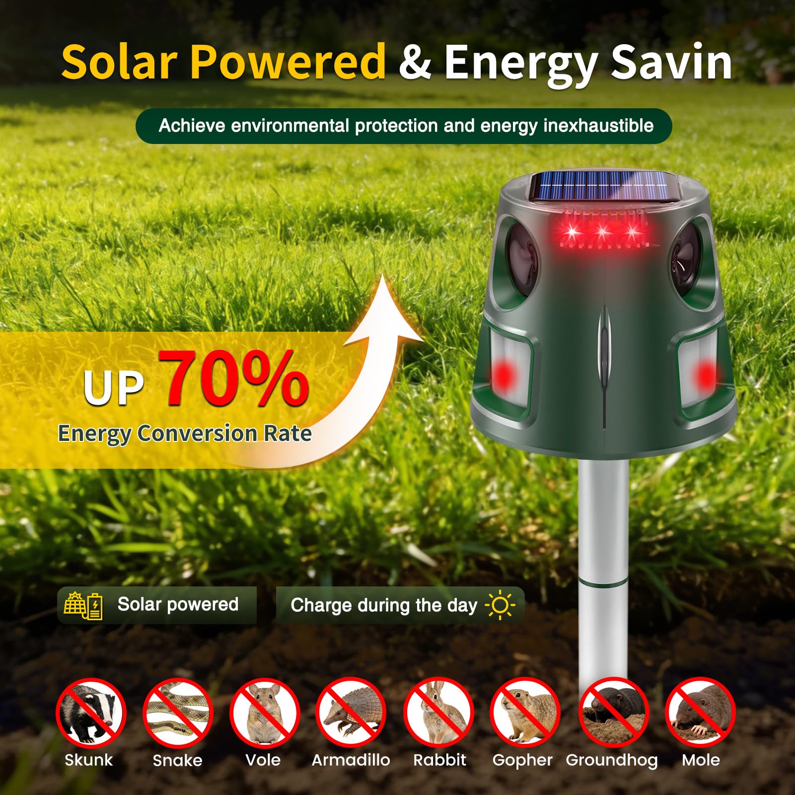 Ultrasonic Animal Repellent Outdoor, Solar Power Cat Rodent Raccoon Repeller, Squirrel Skunk Control Device with Motion Sensor and FIashing Light, Waterproof Rabbt Snake Deterrent for Outdoor - 3