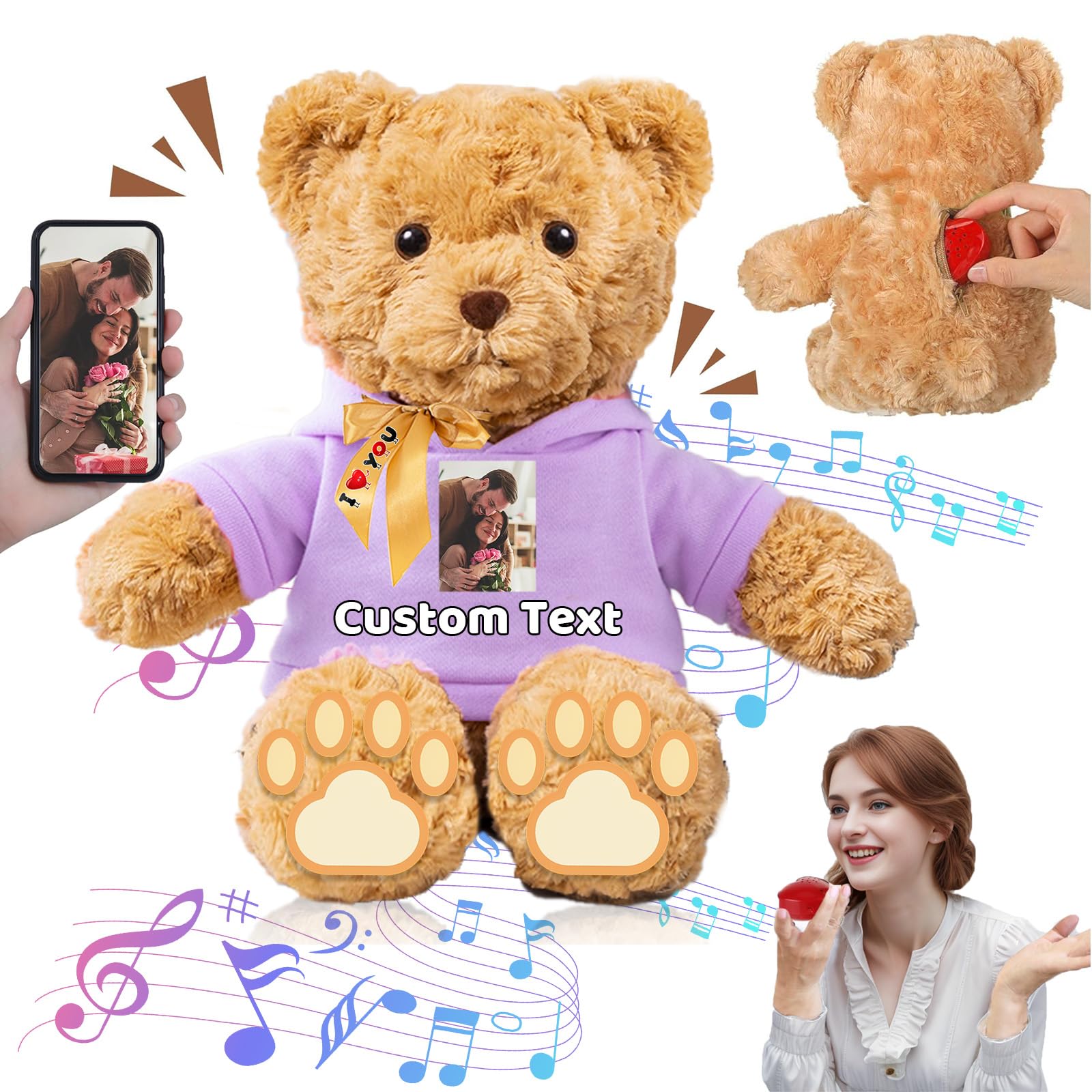 FAHOXUMR Personalised Teddy Bear with Voice Recorder for Her Him, Personalised Gifts Teddy Bear Plush Toys with Text+Photo as for Valentines Day Christmas Birthday (11 inch-Text+Photo)