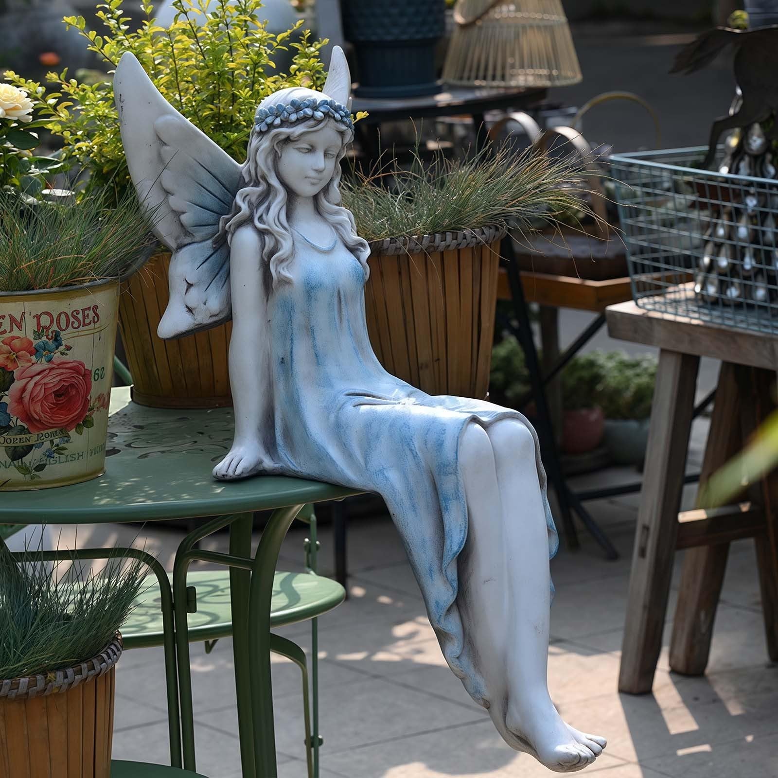 Grande statua da giardino delle fate, 62 cm, statua di fata seduta per esterni, in resina, scultura in resina per patio, cortile, portico, decorazione per la casa