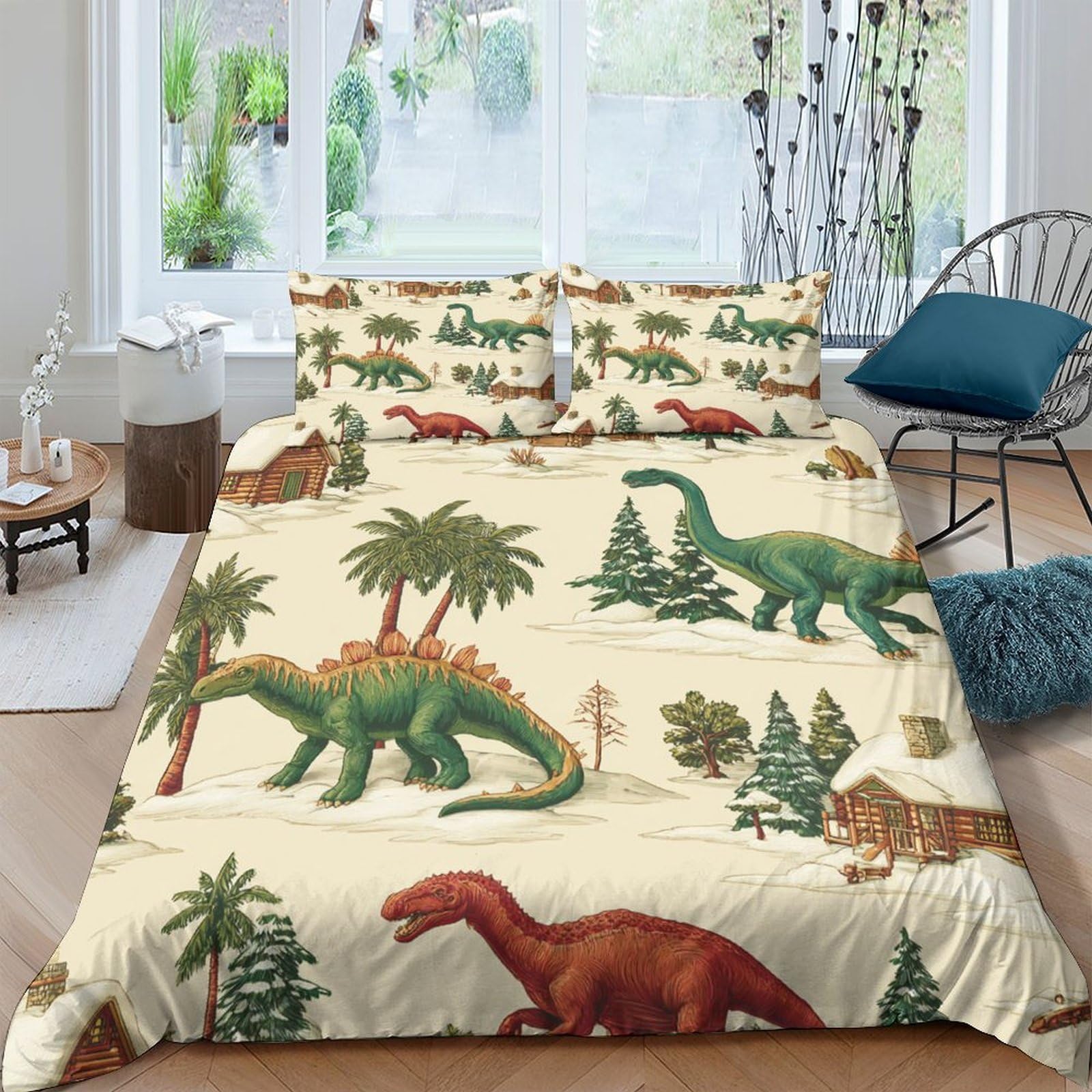 GPLZQXKJNH 3D Printed Dinosaur Jungle Duvet Cover Microfiber Soft Breathable Prehistoric Animal Bedding Set with 2 Pillowcases for Bedroom Decor, Single（135x200cm）