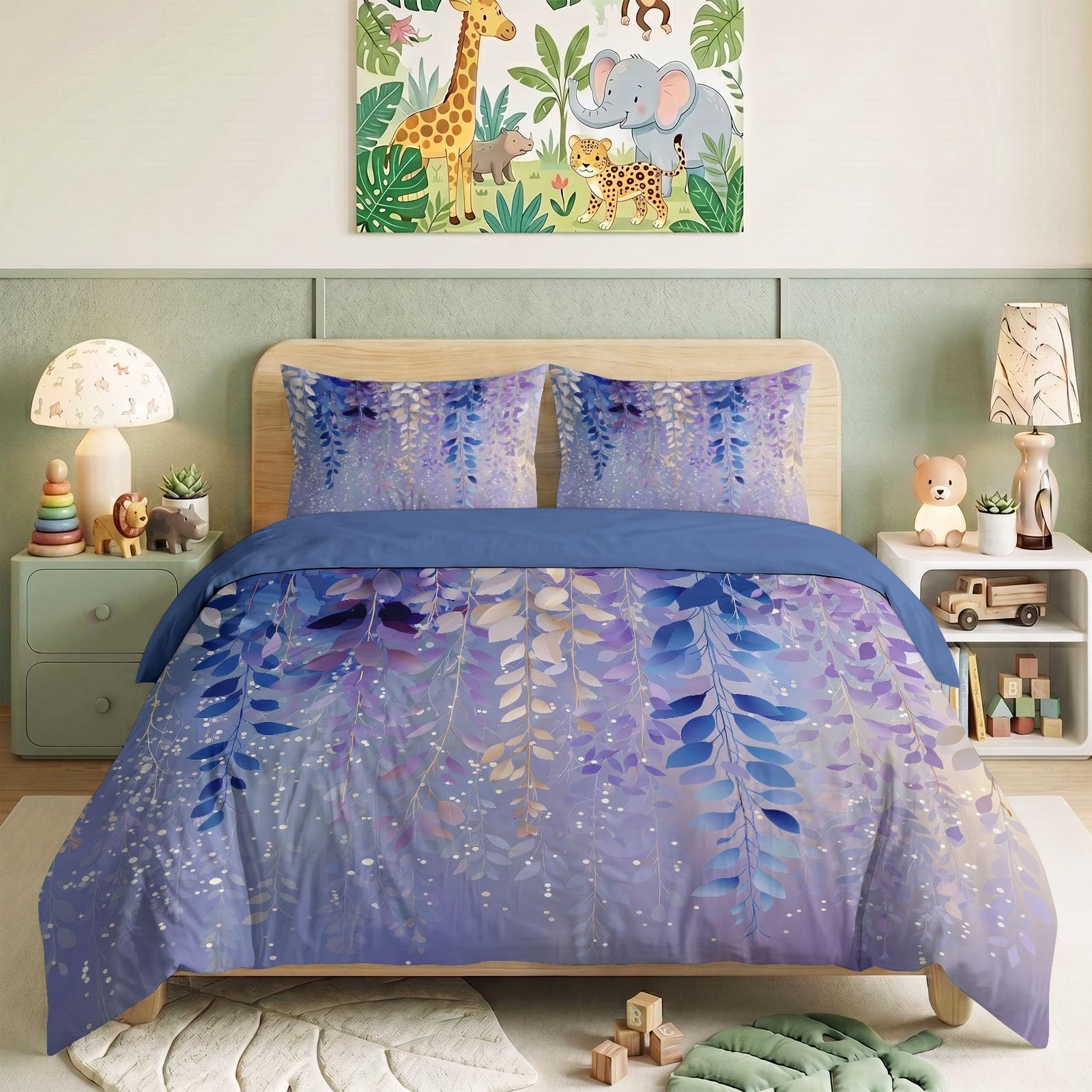 Generisch Bettwäsche Set 3-teilig 200 x 200 cm, Verträumt Kinderbettwäsche Mikrofaser mit Reißverschluss - Bettbezug Blumenmuster Blauregen Blätter für Jungen Mädchen Lila Bettwaren