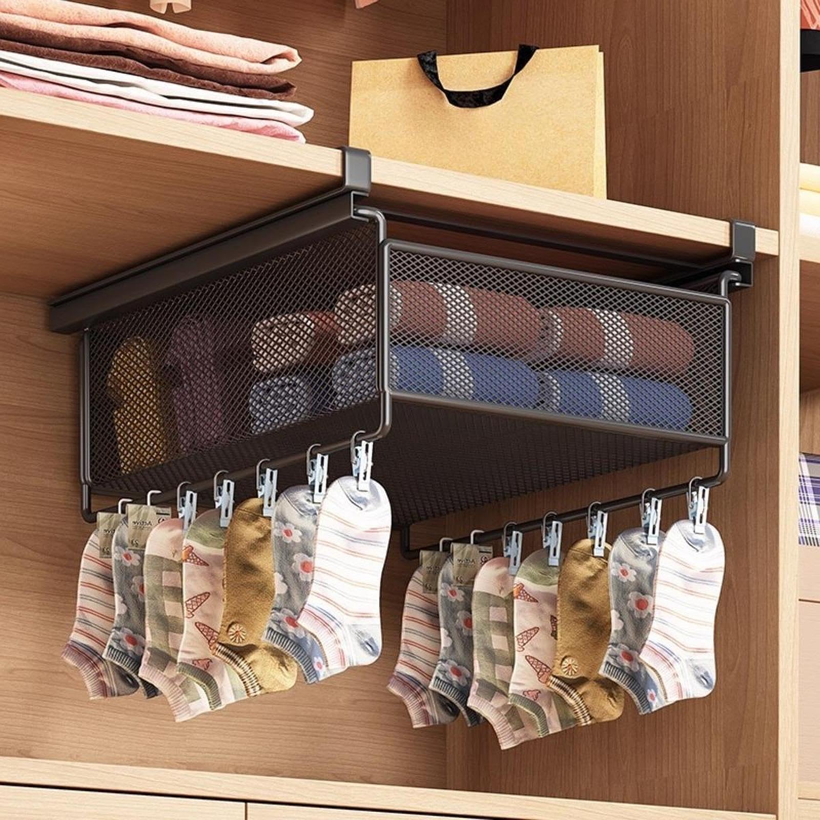 Organizzatore Cassetto Sottoscritto Cestino Sospeso Metallo Porta Calzini Intimo Cinture Pratico Scorrevole Meccanismo Estraibile Adatto per Camera Da, Nero, L