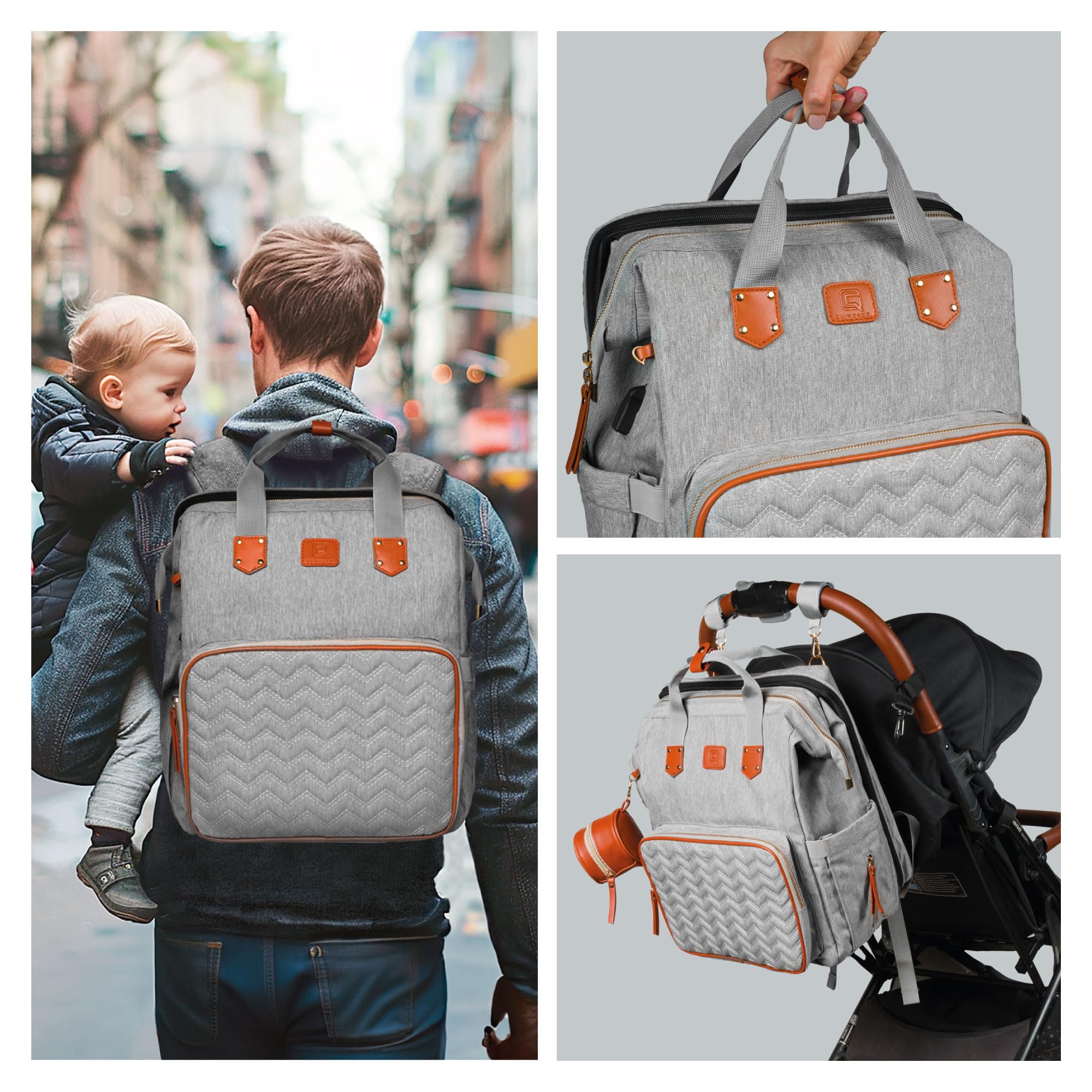 QUINO&CO Borsa Zaino Mamma Neonato Fasciatoio Multifunzione per Passeggino | Custodia per Biberon Grande, Impermeabile e Isolata, USB | Zaino Cambio per Pannolini Unisex