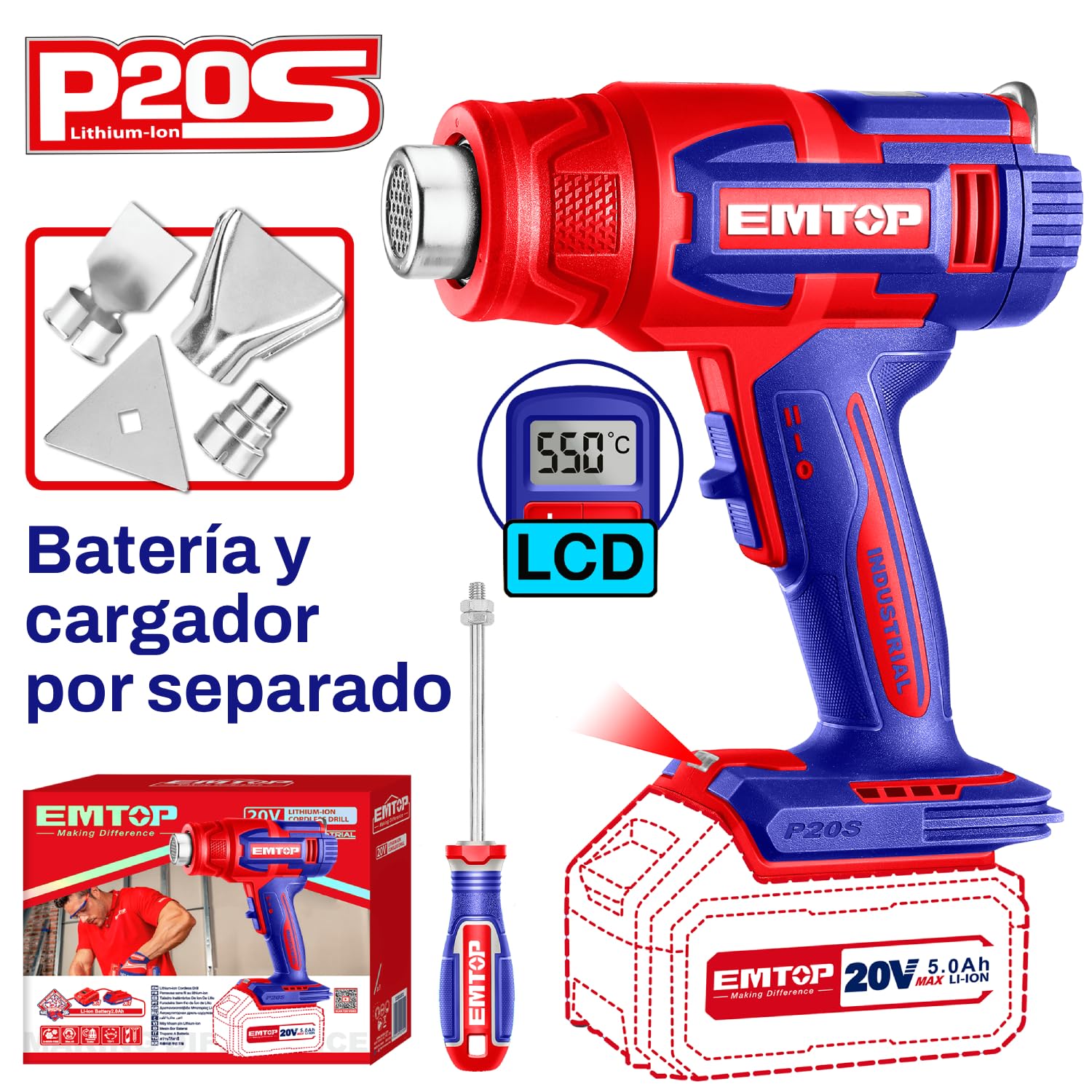 EMTOP - Pistola de calor | 20 V | Para Decapar, Doblar Plásticos y Encogimiento Térmico | Diseño Robusto y Larga Durabilidad | Larga Durabilidad y Materiales Resistentes