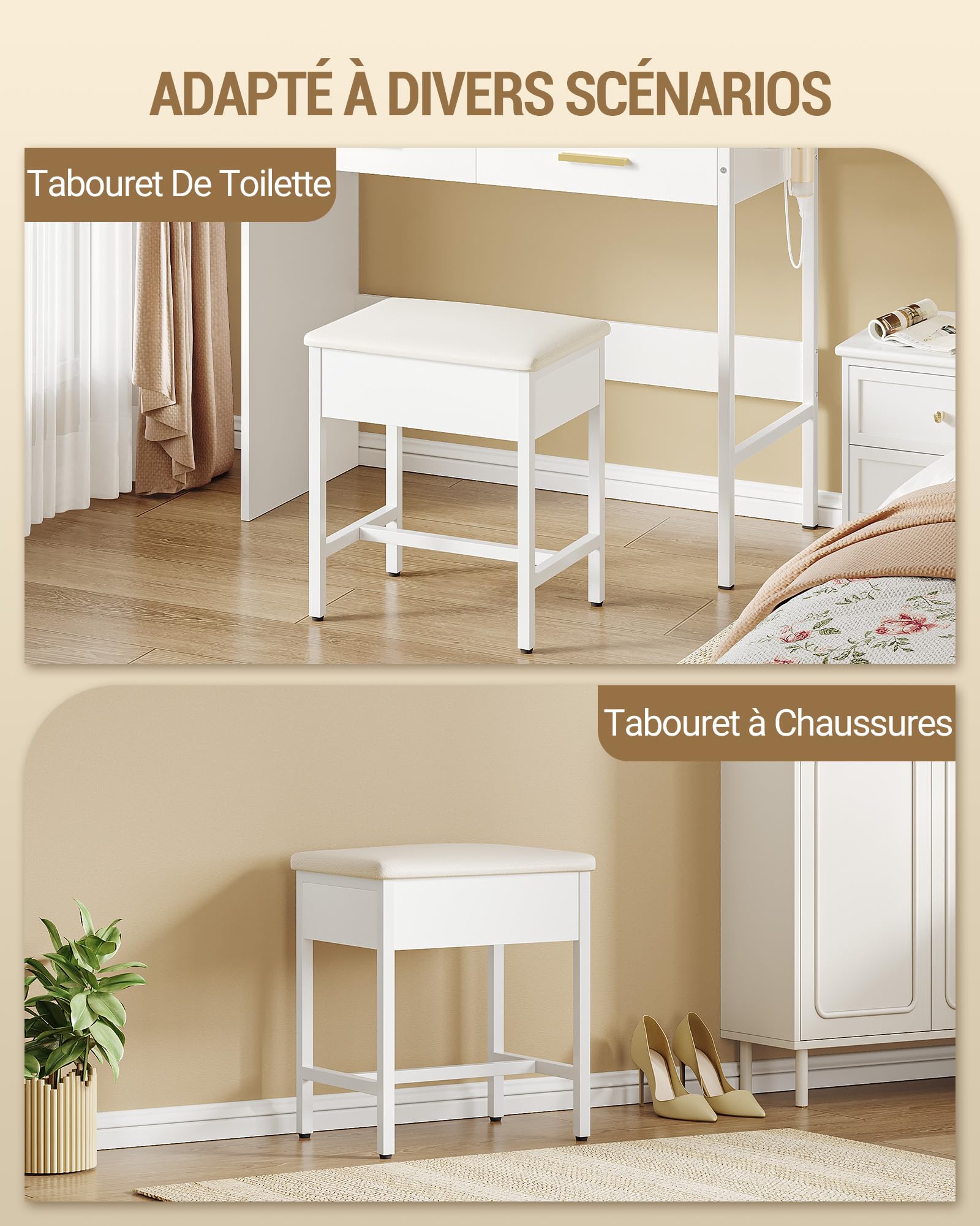 Hzuaneri Tabouret De Coiffeuse, Repose Pieds De Salon, Banc De Chambre, Tabouret De Coiffeuse Rembourré, IdéAl pour Le Dressing, La Chambre à Coucher Ou L'EntréE, 30 x 40 x 46 cm, Blanc VS32503X
