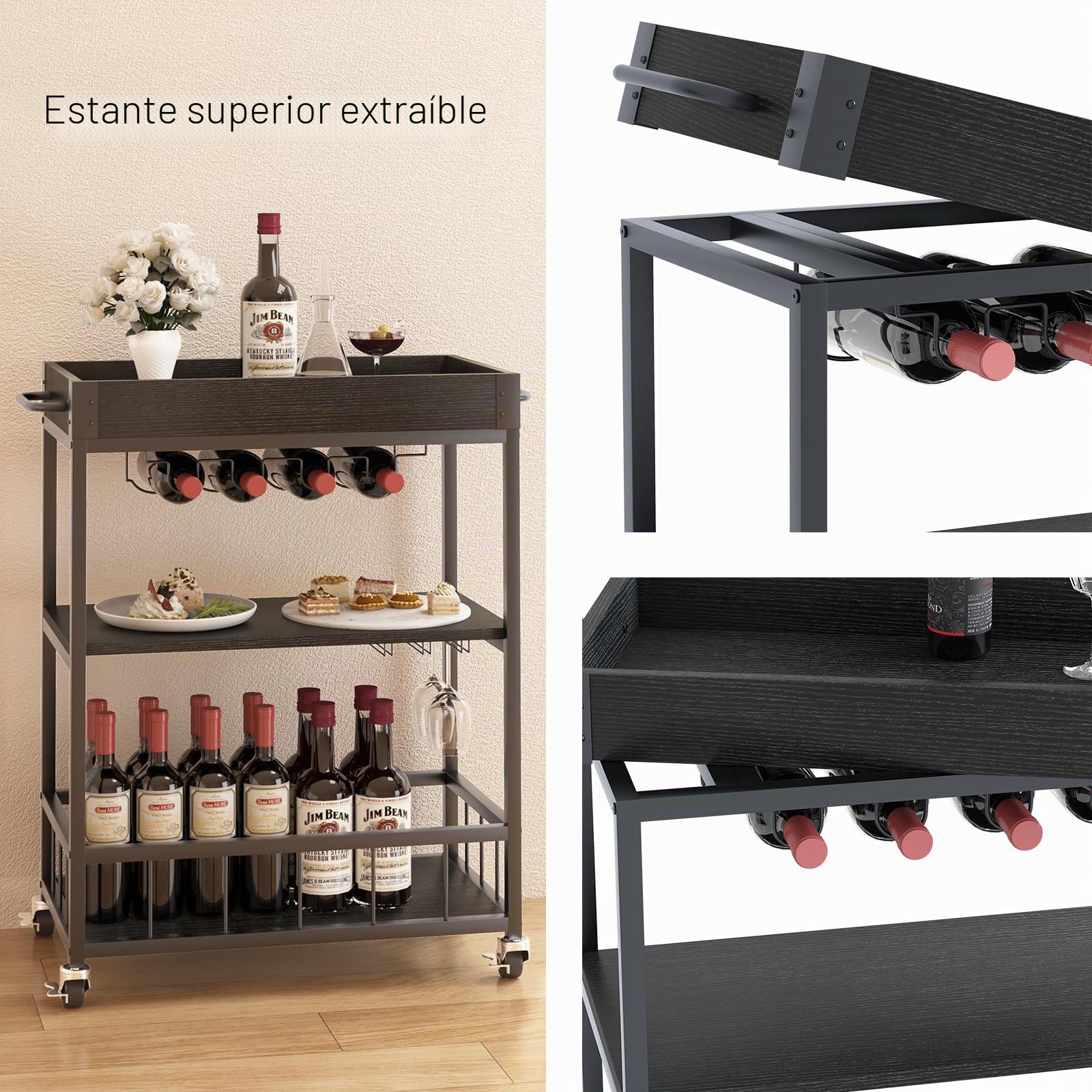 Huhote Carrito de Servir Multifuncional - Cocina, Bar Con Ruedas, Soporte para Botellas de Vino, 3 Niveles - para Salón, Comedor, Cocina, Bar, Fiesta - Negro