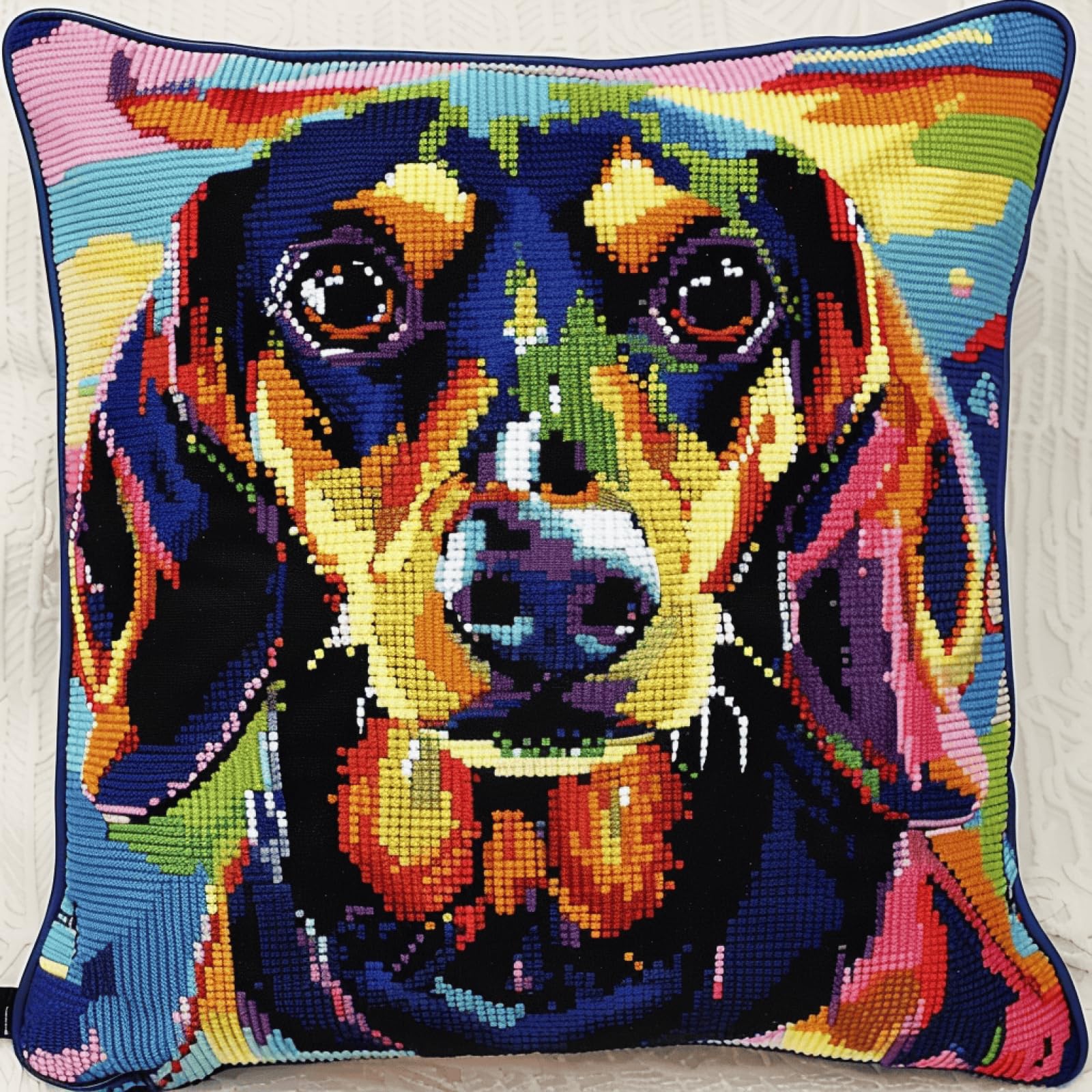 XDEGHUANGSS Latch Hook Cushion Kit for Adults & Beginners,Colorful Dachshund Pre-Printed DIY Latch Hook Pillow Rug Kit 43x43cm Cross Stitch Embroidery Sofa Cushion Cover