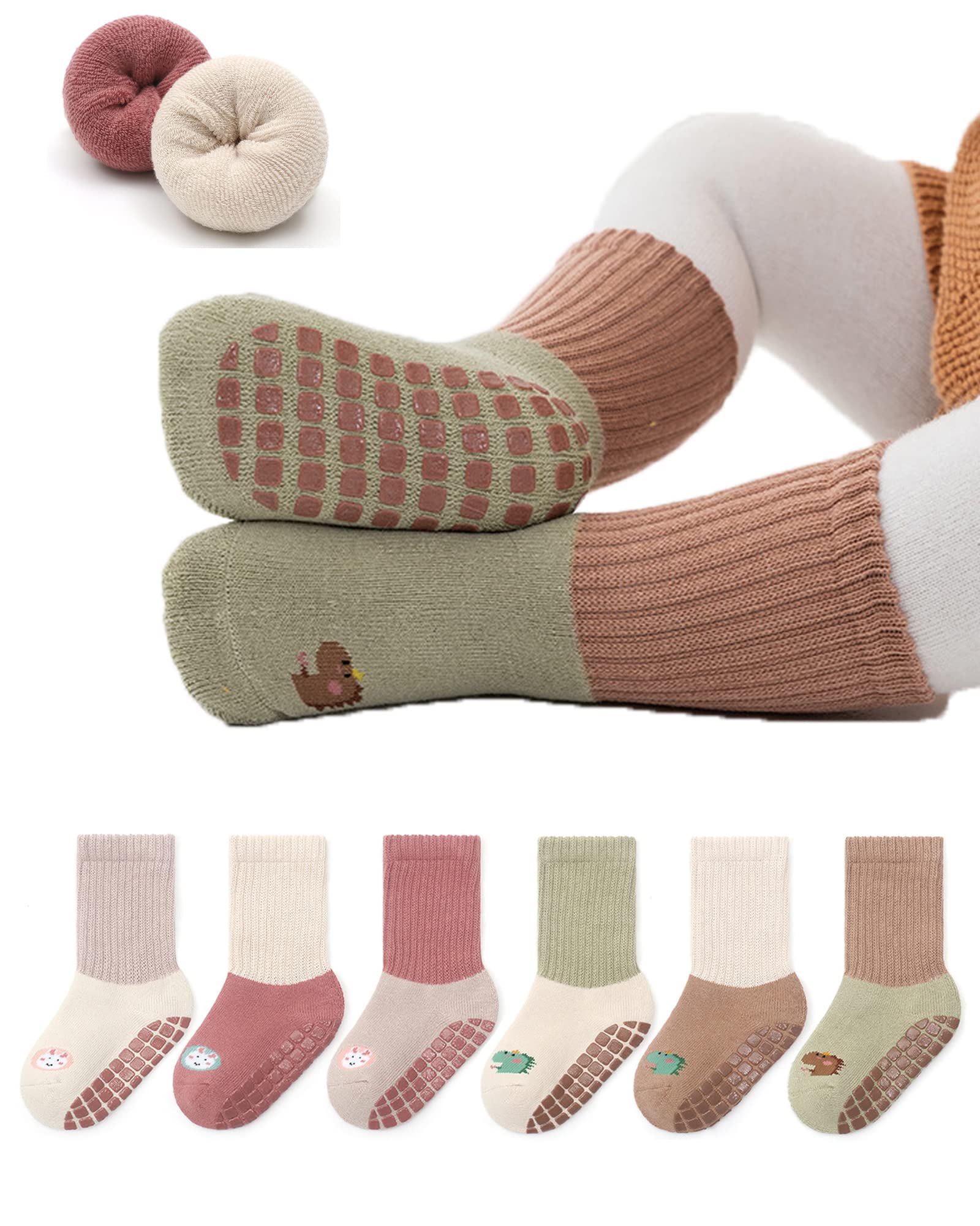 BEHELE Baby Non-skid Grip Socks Toddler Socks Warm Thick Anti Skid Slipper Crew Socks for Girls Boys Infant Newborn 6 Pairs (as1, age, 1_year, 3_years)