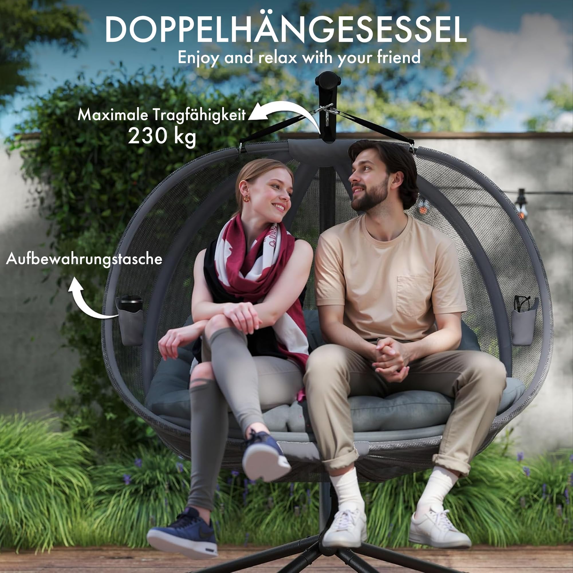 Hängesessel mit Gestell Doppel-Hängeeierstuhl für 2 Personen, Textilene-Schaukel, Kissen und Klappfunktion für Innen- und Außenbereich, Grau