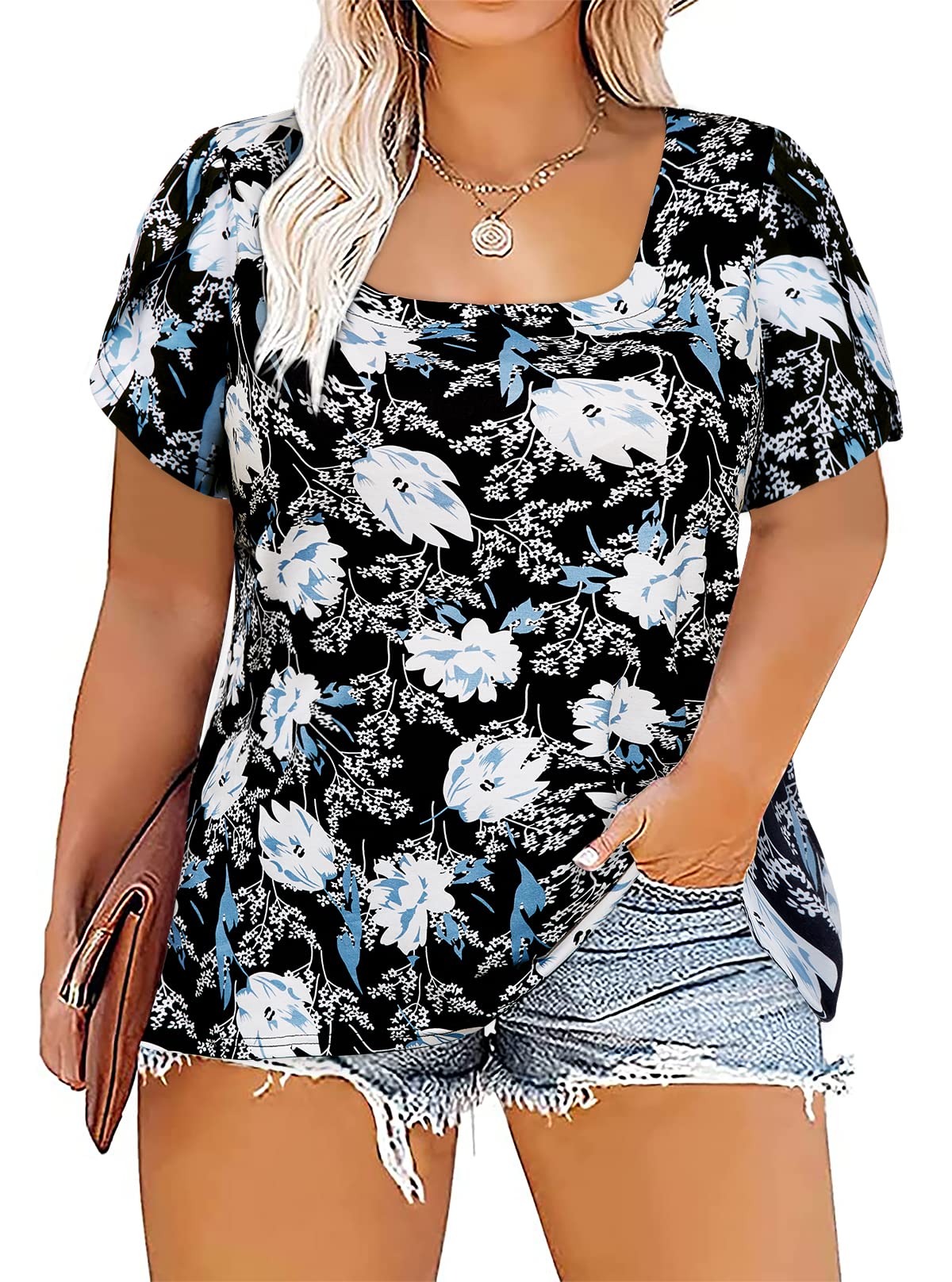 Siddhe Women Short Sleeve Plus Size Tunics, Square Neck Tops Casual Loose Fit T Shirt Blouse Summer 2025