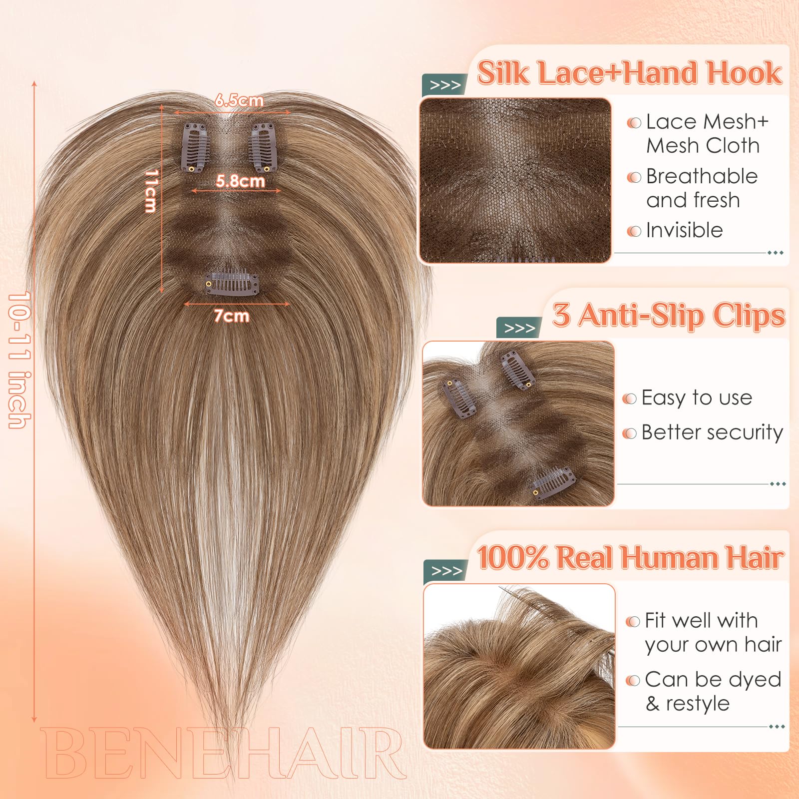Benehair Echthaar Topper 100% Handgeknüpfte Toupets Clip in Haarteil Haar Haarstücke für Frauen #4P27 Mittelbraun/Dunkelblond Hair Topper Ohne Pony 14g 27 CM