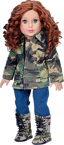 Estilo militar: ropa de muñeca de 18 pulgadas, traje de 4 piezas, chaqueta de camuflaje, camiseta, jeans elásticos y botas de camuflaje (muñecos no