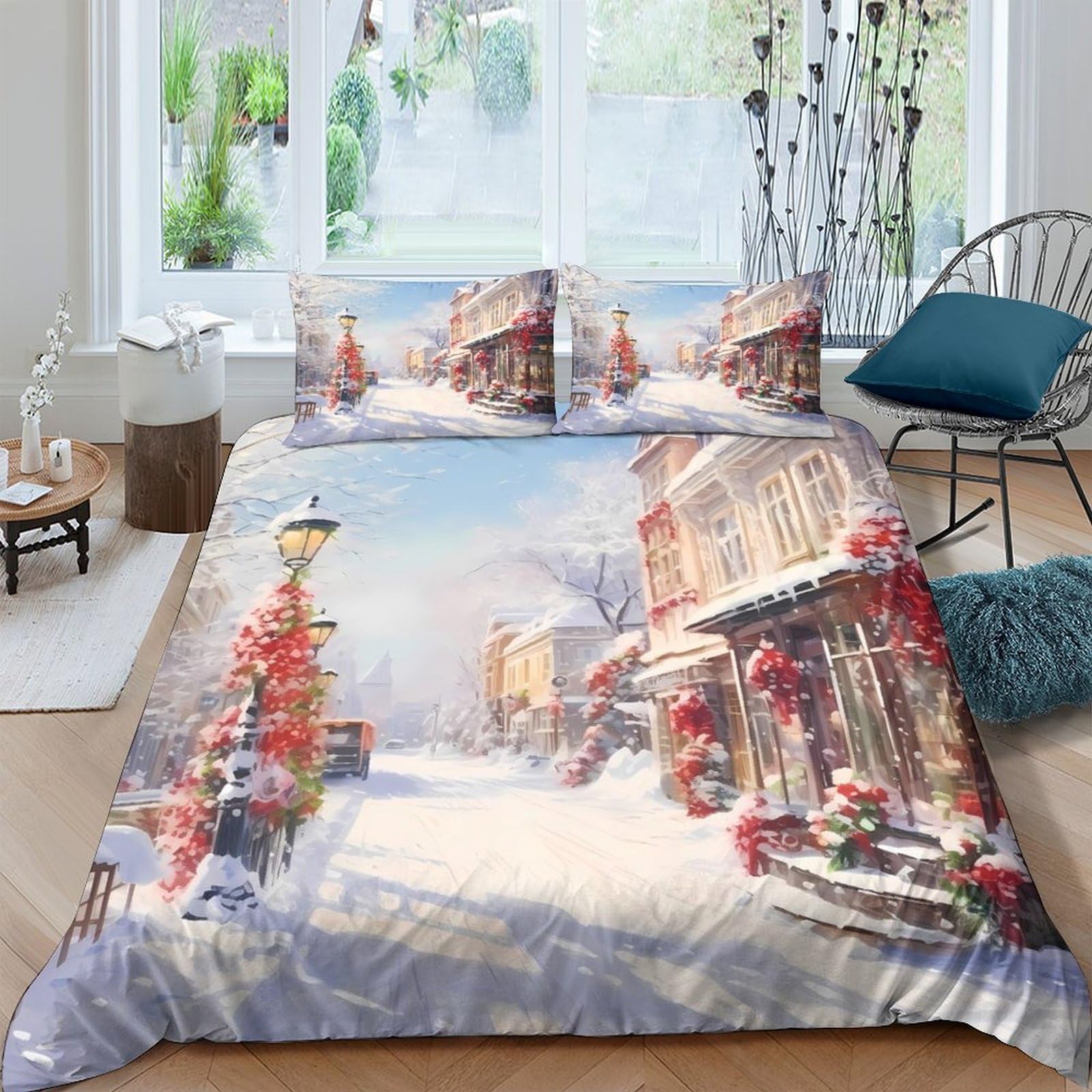 Ctjqhvkz Style-3 3D Printed Winter Village Fitted Sheet Microfiber Christmas Street Bed Cover For Bedroom Guest Room Decor Single（135X200cm）