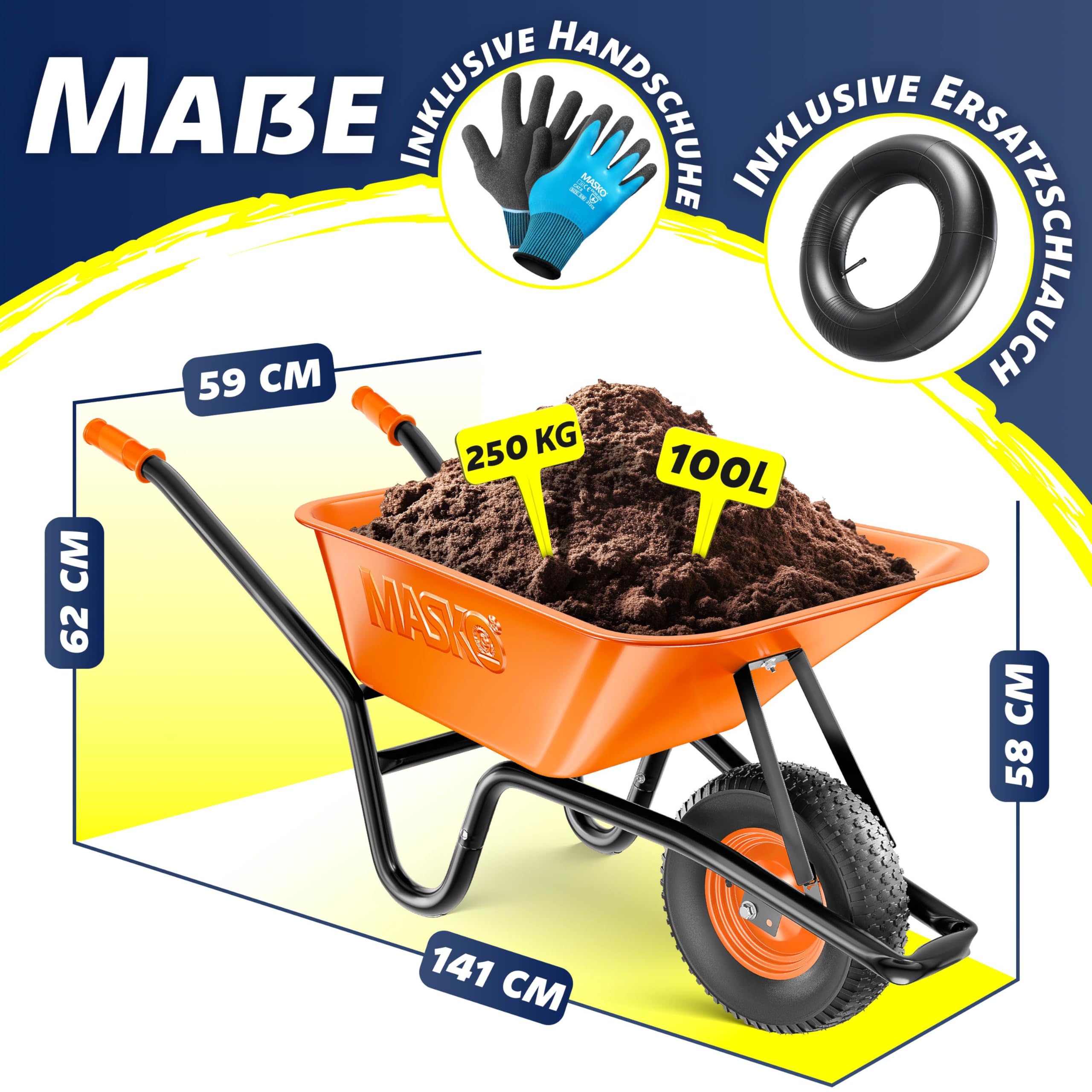 MASKO® Brouette | Capacité 100 litres | 250 kg | Pneus à air avec Jantes en Acier + Chambre à air de Rechange | Châssis en Acier galvanisé | Orange