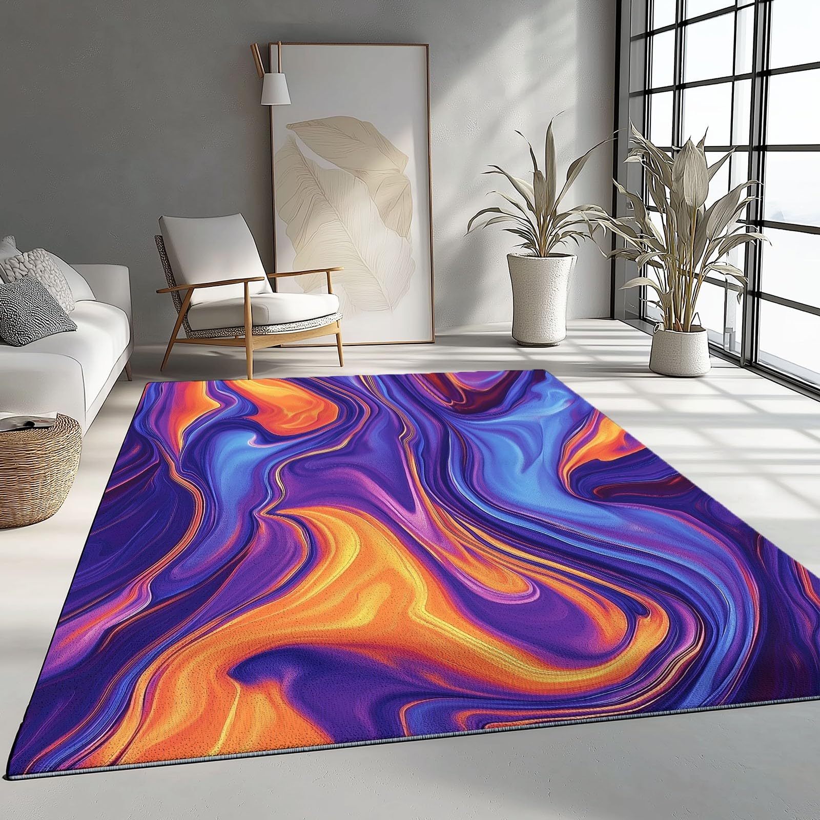Tapis Chambre, 80 x 150 cm, Abstrait Flux Lignes Texture Tapis de Salon Doux à Poils Courts Lavable en Machine Ne perd Pas Ses Poils Tapis Antidérapant Salle a Manger Décoration, Violet Orange
