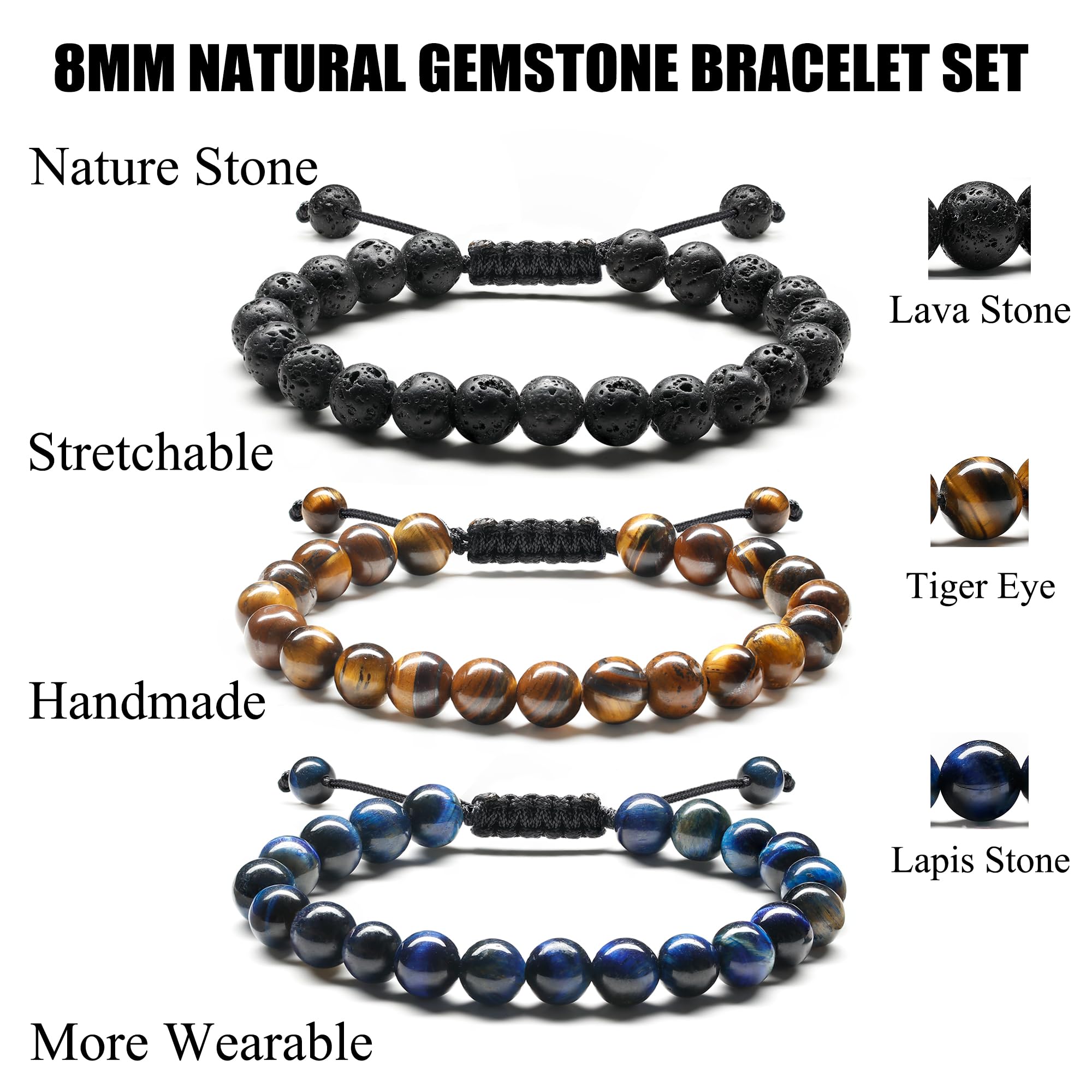ADRAMATA Bracciale Uomo Bracciale Pietre Naturali 8MM Pietra Ossidiana Bracciale Occhio di Tigre Braccialetti con Perline Regolabili Set di Bracciali Uomo Fatto a Mano Gioielli Uomo Regali per Uomo