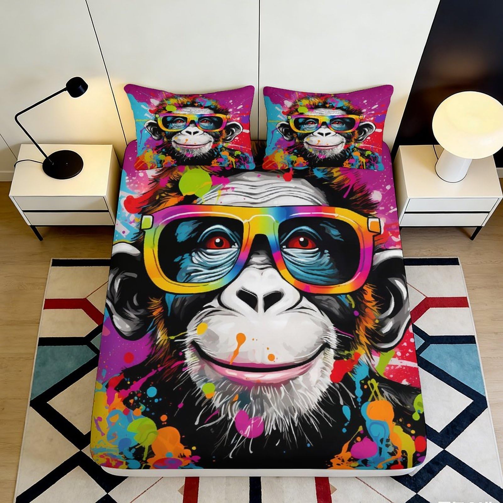 Jqzkxnhpbr Style-9 3D Printed Colorful Monkey Fitted Sheet Microfiber Soft Breathable Graffiti Bed Cover For Bedroom Dorm Decor 90X200x25cm