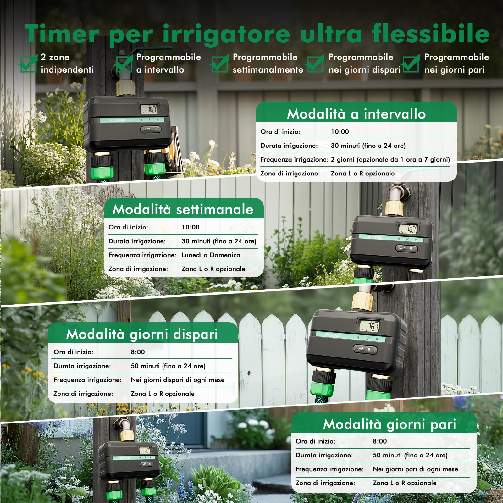 RESTMO Computer di irrigazione a 2 zona Chip Bluetooth + Wi-Fi integrato | Controllo app, Automatico/Manuale/Ritardo Pioggia, Timer per Tubo da Giardino