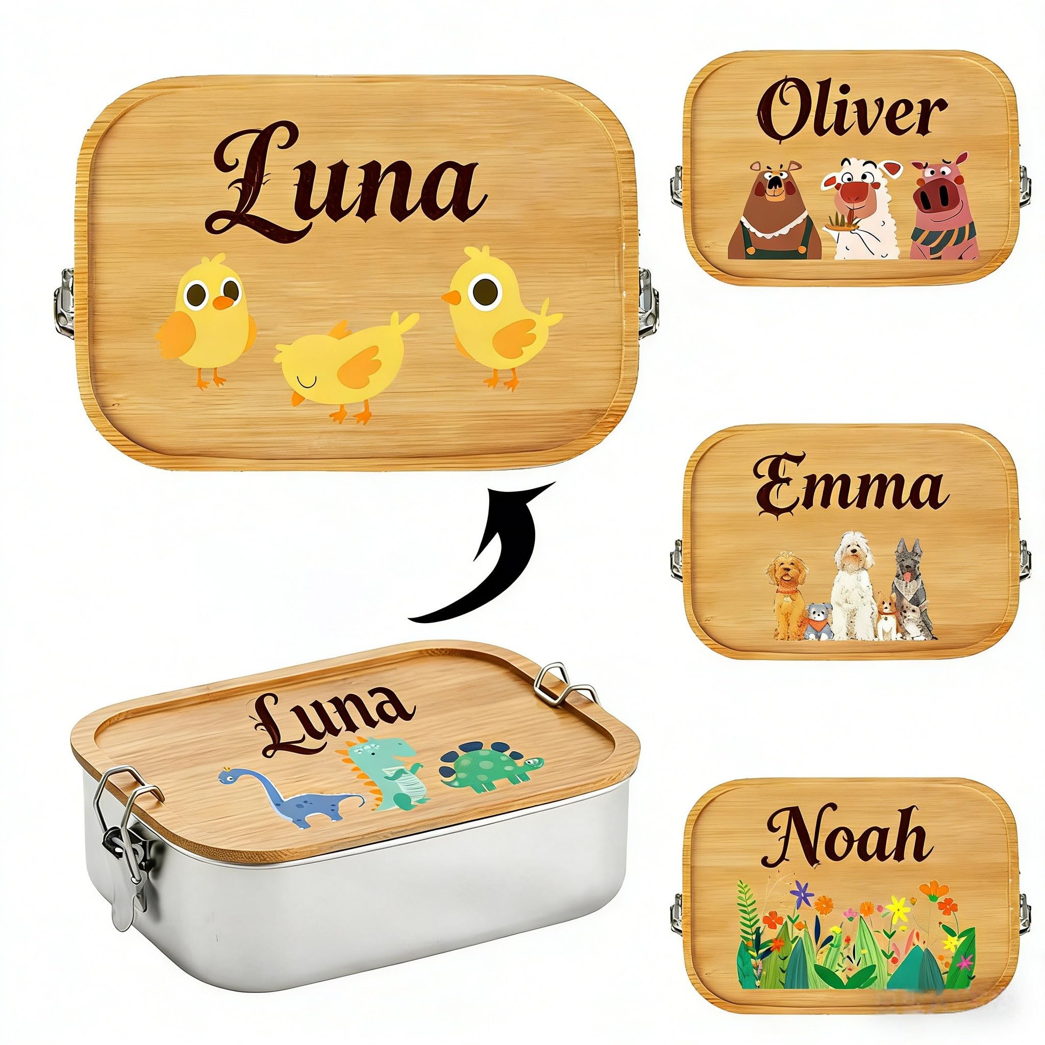 AuraWeave Personalised Stainless Steel Lunch Box with Bamboo Lid, 1200ml, Compartmentalized Bamboo Lunch Box for Kids, Custom Name & Animal Design, Reusable Eco-Friendly Gift for School & Picnics