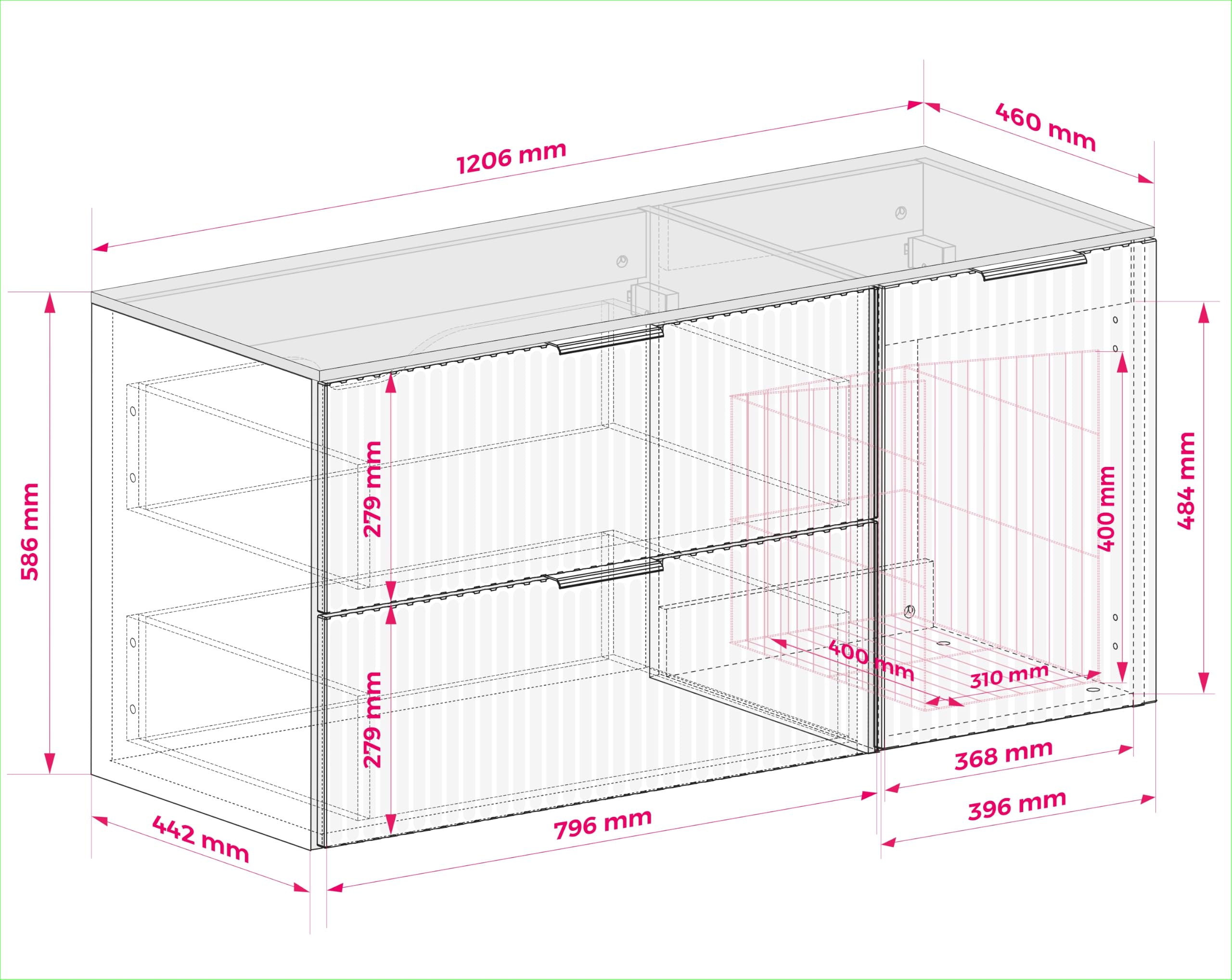 3xE Living Conjunto de Muebles de baño con cesto para Ropa y encimera, Tiradores Negros, Blanco/mármol Bianco, 120 x 46 x 57 cm