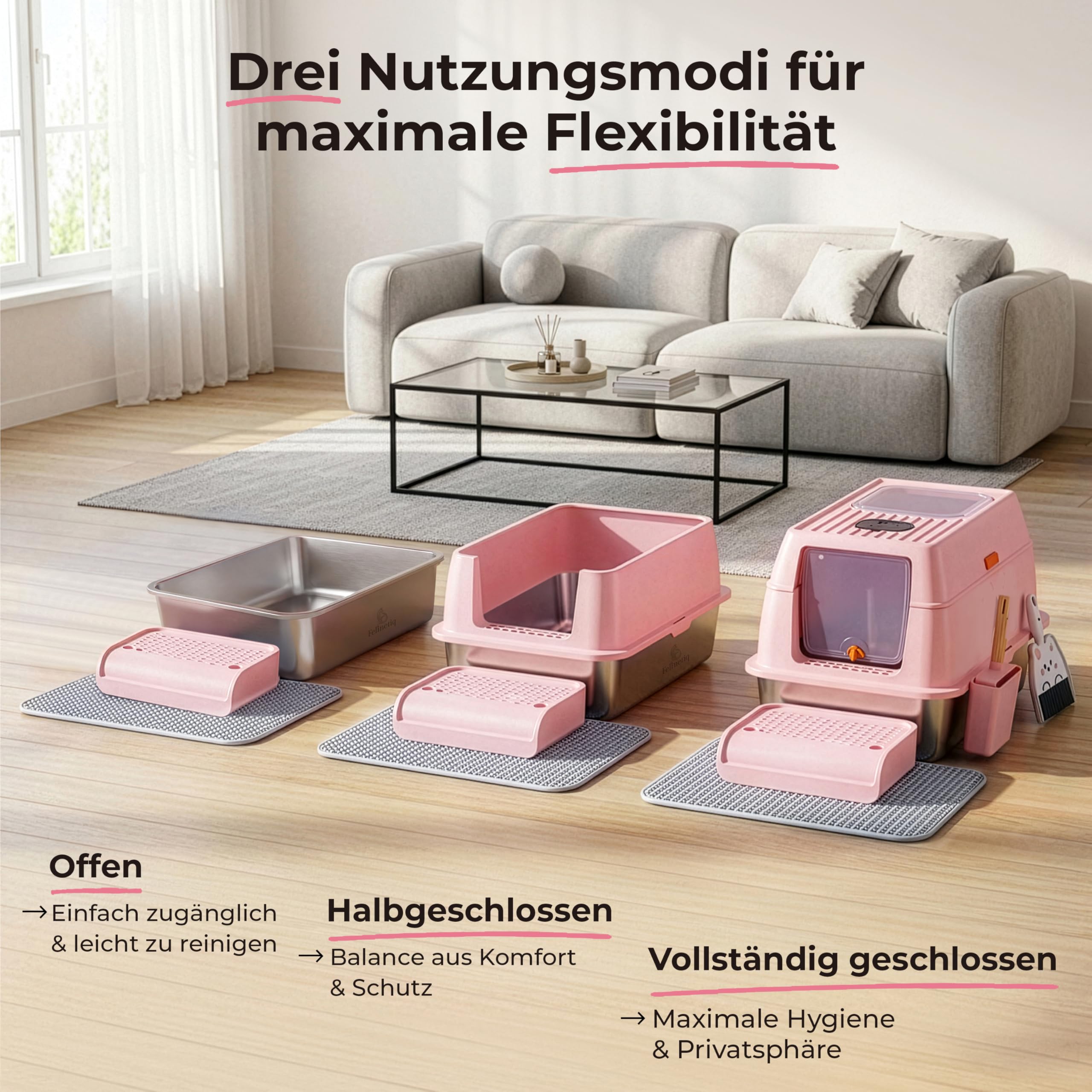 Caja de arena para gatos 3 en 1 de acero inoxidable con tapa XXL, juego completo con doble acceso, alfombrilla para gatos, pala [resistente a los olores y fácil limpieza] Inodoro