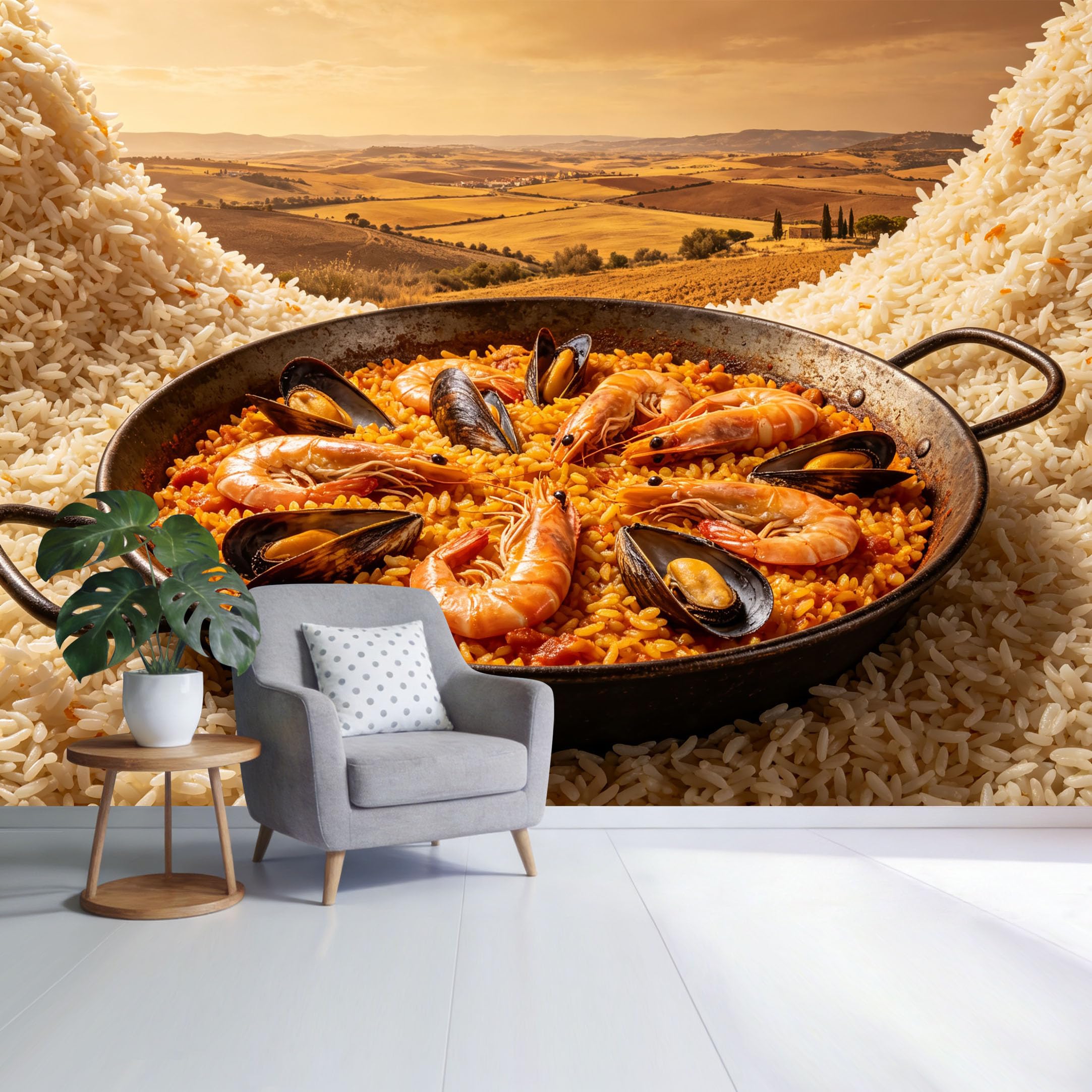 Custom Size Wall Mural Mediterranean Seafood Paella Landscape Coastal Sunset Kitchen Art SelfAdhesive Wall Fabric Removable Wallpaper for Home Office Decor