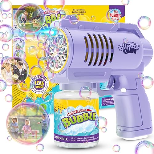 Pistola de burbujas para niños, silenciosa y automática de 10 agujeros con juguete de fabricación de burbujas LED, juguetes para hacer burbujas más