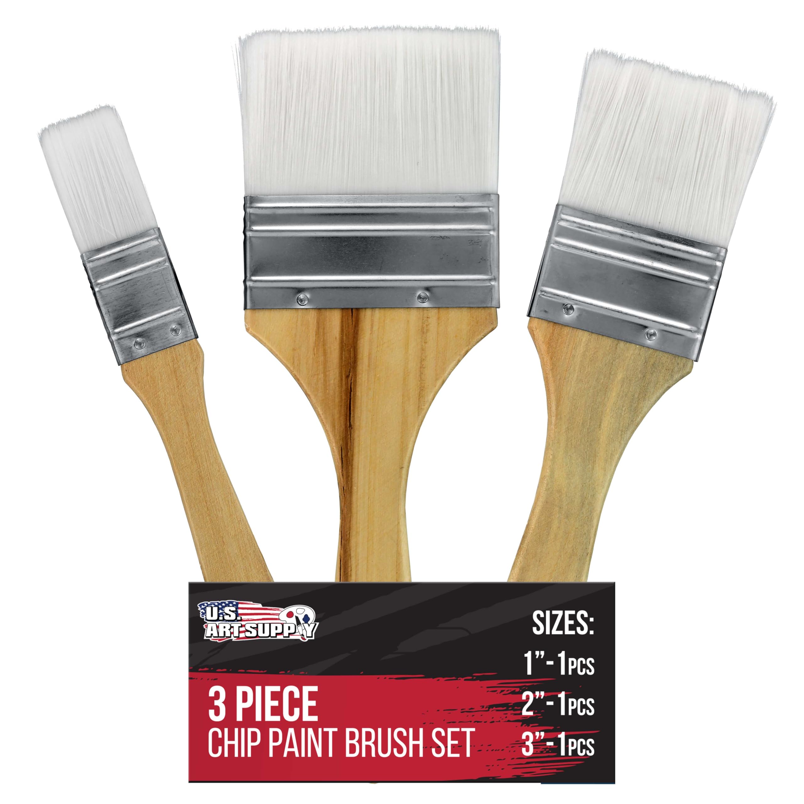 3 Pack of Variety Size Synthetic Bristle Paint, Chip and Utility Paint Brushes for Paint, Stains, Varnishes, Glues, and Gesso