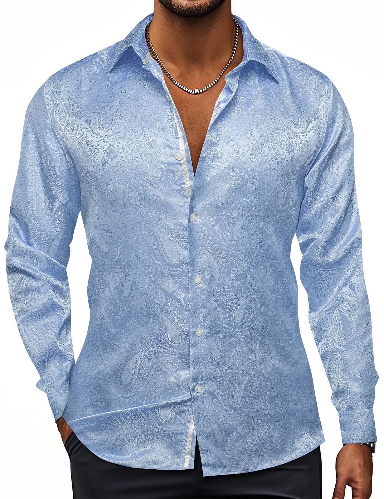 Hi-Tie Silk Mens Paisley Dress Shirts Casual Long Sleeve Button Down Regular Fit Shirts Formal Wedding Party Business