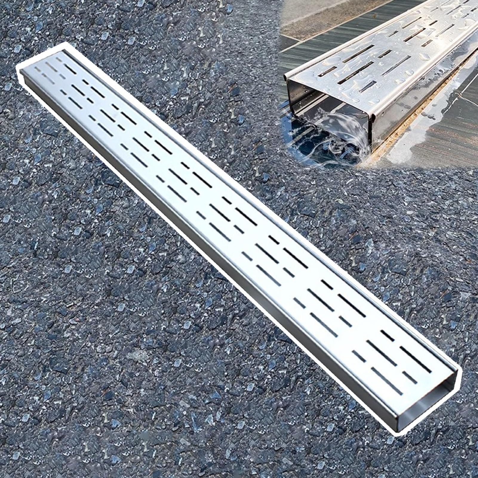 Caniveau extérieur étroit Vibeo en acier inoxydable de dimensions 8x5cm pour jardin