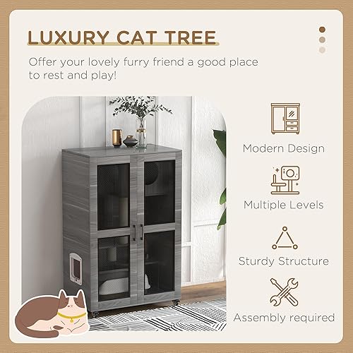 Miniatura 3 de PawHut Casa para gatos con árbol para gatos en el interior, jaula con ruedas para gatos de interior con postes rascadores, condominio, puerta con