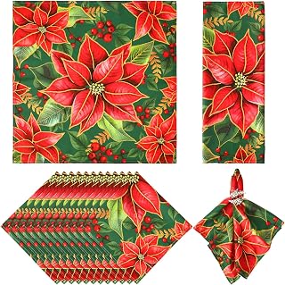 12 Pcs Christmas Poinsettia Cloth Napkin 20 x 20 Inch Poinsettia Cloth Napkins Washable Dinner Guest Napkins for Christmas Holiday Xmas Thanksgiving Dinner Party Supplies, Set of 12