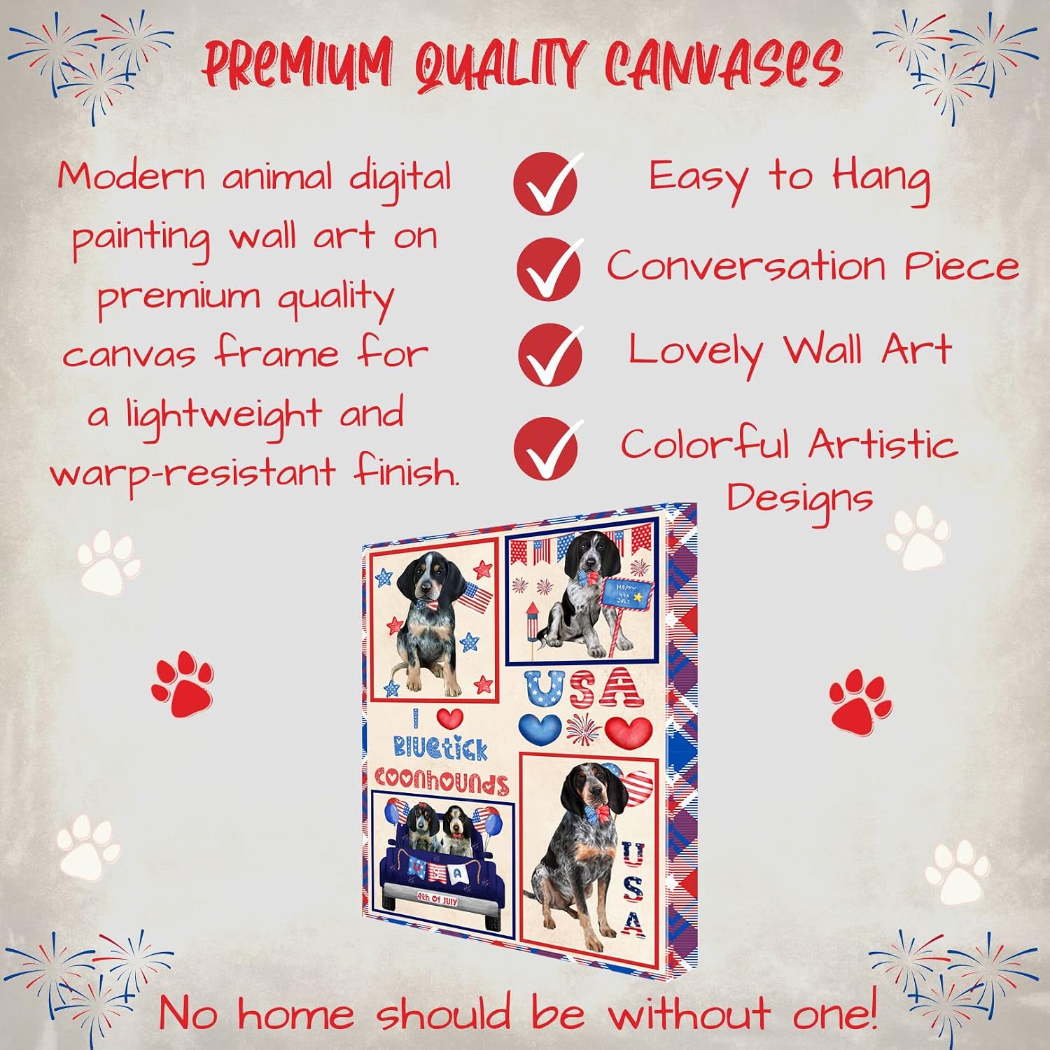 I Love USA with Bluetick Coonhound Dogs Canvas Wall Art - Premium Quality Ready to Hang Room Decor - White Floating Framed 16" x 16"