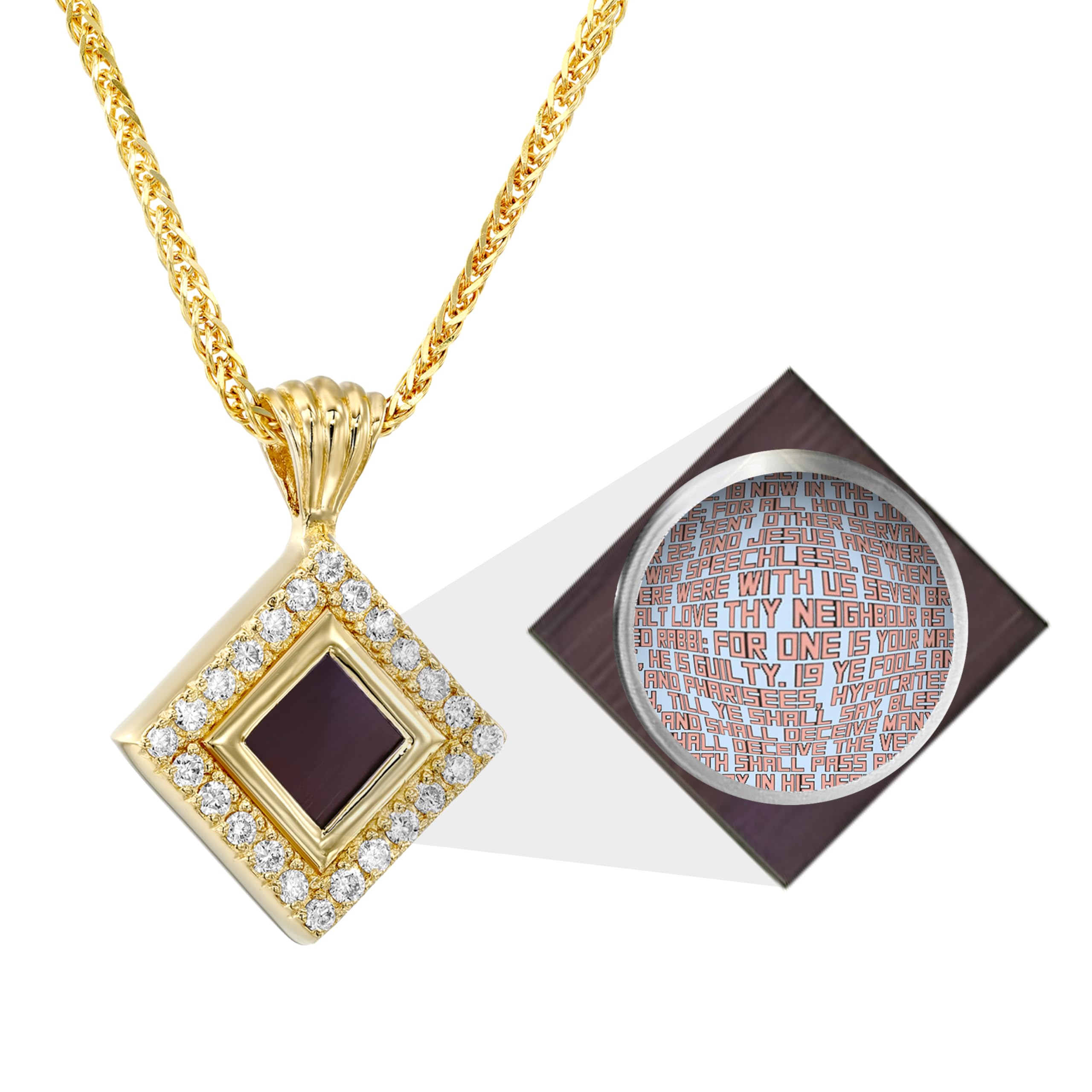 Smallest Nano Bible on Christian Necklace - Paved Cubic Zirconia Pendant with Entire KJV New Testament Holy Scriptures on 0.2" Microchip, Religious Jewelry for Women, 18" Spiga Chain