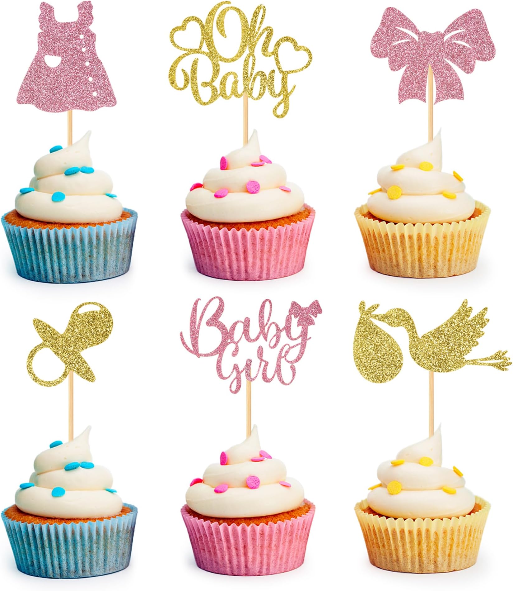 24Pcs Glitter Oh Baby Cupcake Toppers Baby Girl Cupcake Toppers Cupcake Picks for Baby Shower Gender Reveal Birthday Party Supplies