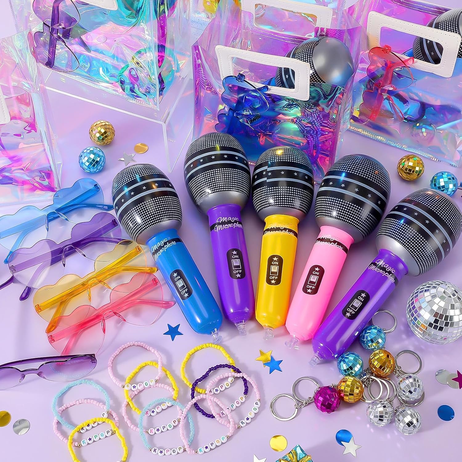 Yaomiao 72 Pcs Kpop Disco Party Favors 12 Set Friendship Gifts Include Bead Bracelets Disco Ball Keychains Heart Sunglasses Inflatable Microphones Kpop Singer Party Supplies for Women Fan (Pastel)