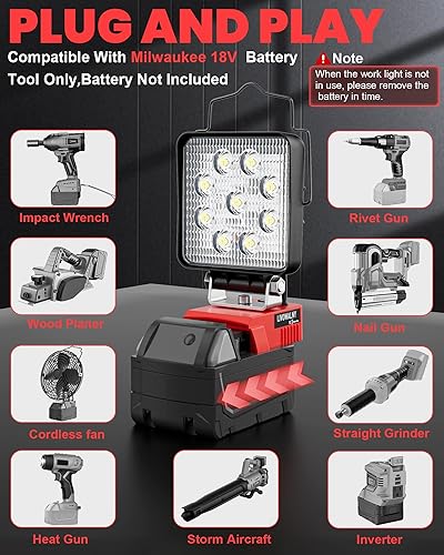 Vista 34 de LIVOWALNY Luz de trabajo LED de 30 W compatible con batería Milwaukee, linterna portátil de 3000 lúmenes, cabezal ajustable de 140° con puerto
