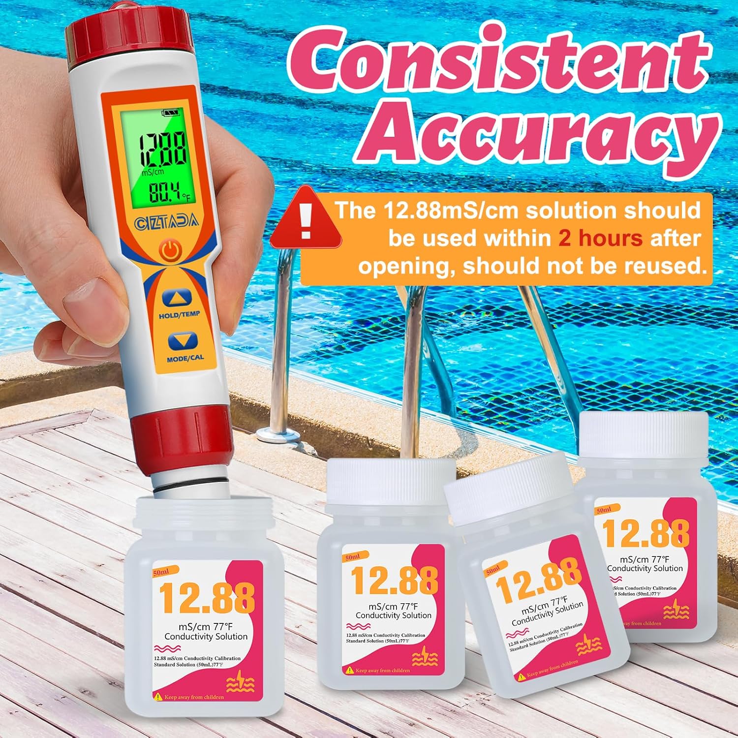 5 in 1 Pool Salt Tester and 12.88mS/cm Calibration Solution, Digital Salinity pH Meter and 12.88mS/cm Conductivity Standard Solution Kit for Swimming Pool, Saltwater Pool, Hot Tub