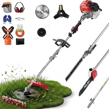 52CC Gas Weed Wacker & Weed Eater Multi-Tool - Heavy Duty Brush Cutter, Pole Saw, Hedge Blade, String Line & 40-Inch Extension - Anti-Vibration Design, Fast Cold Starts Red Silver