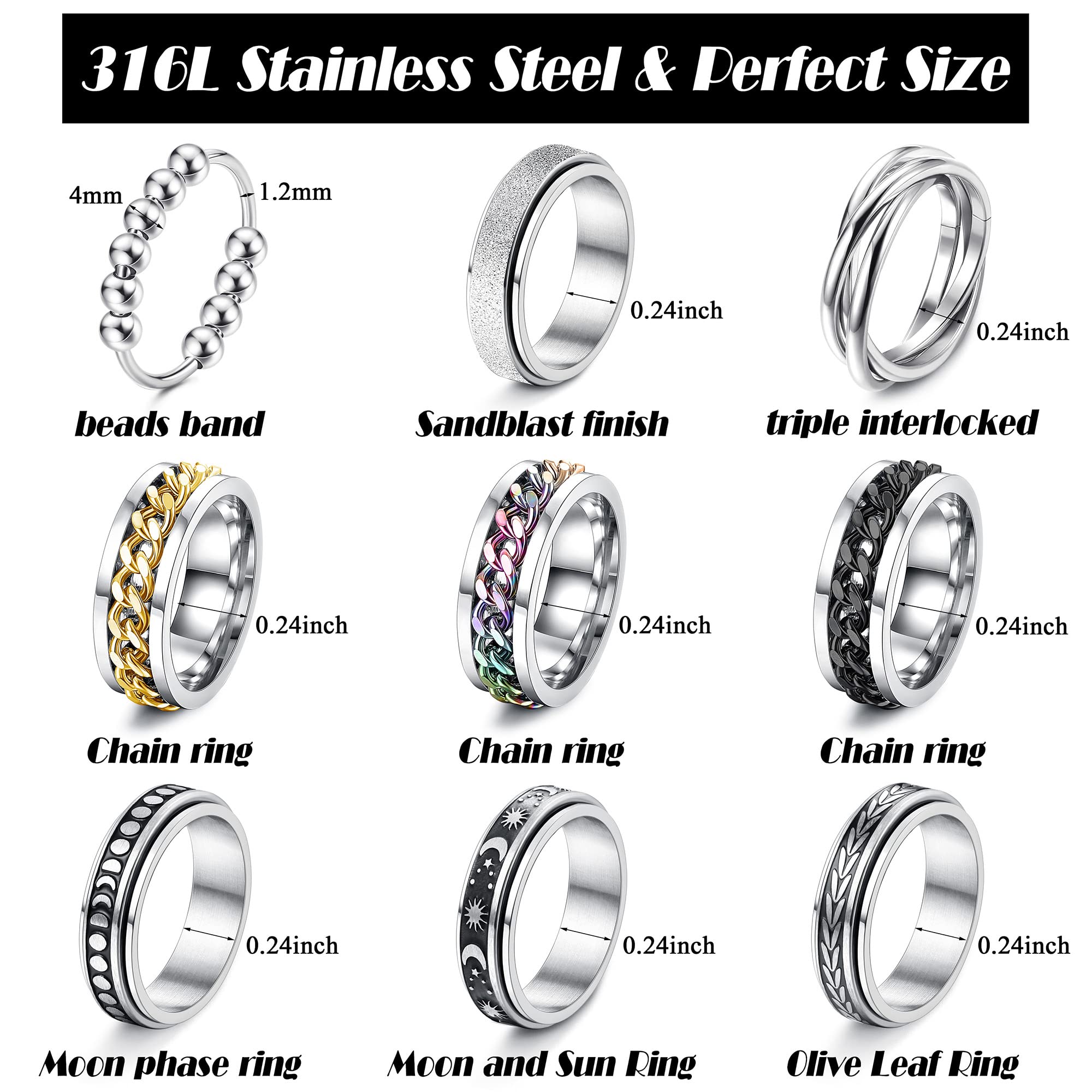 Jstyle Anelli Fidget per ansia, 9 pezzi, in acciaio inossidabile, anti-ansia, anelli con perline, luna e stella, triplo intreccio, fiori rotanti, set di anelli per alleviare lo stress, per donne e