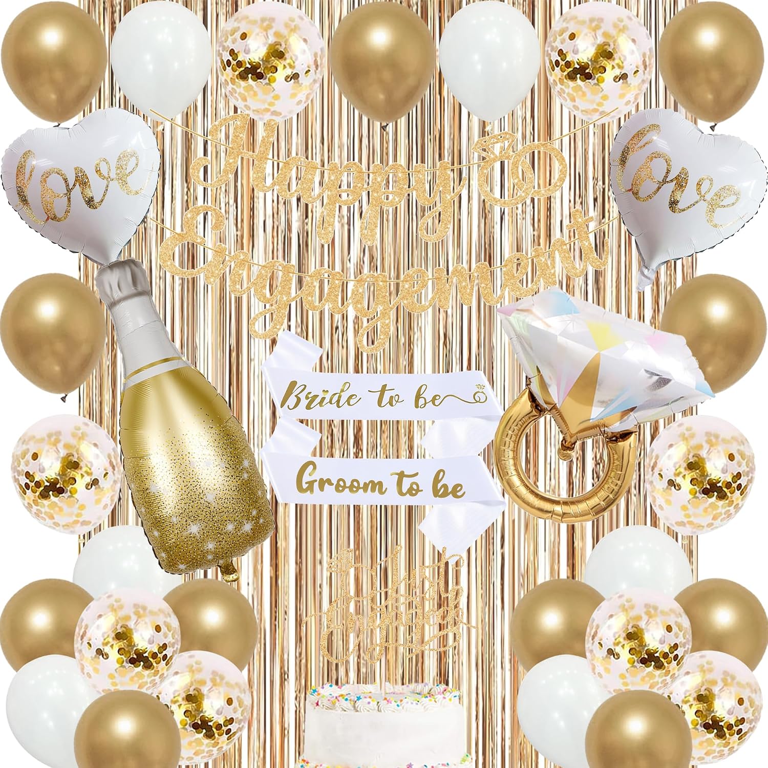 Trgowaul Champagne Gold Engagement Party Decorations, Happy Engagement Banner Backdrop, Bride&Groom Sash for Bridal Shower, Ring Foil Balloon, Just Engaged Cake Topper Wedding Shower Decor