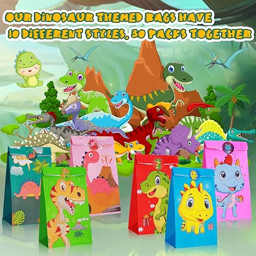 Vista 10 de Containlol Paquete de 30 bolsas de regalo para fiesta de dinosaurios, bolsa de golosinas con calcomanías a juego, suministros de fiesta