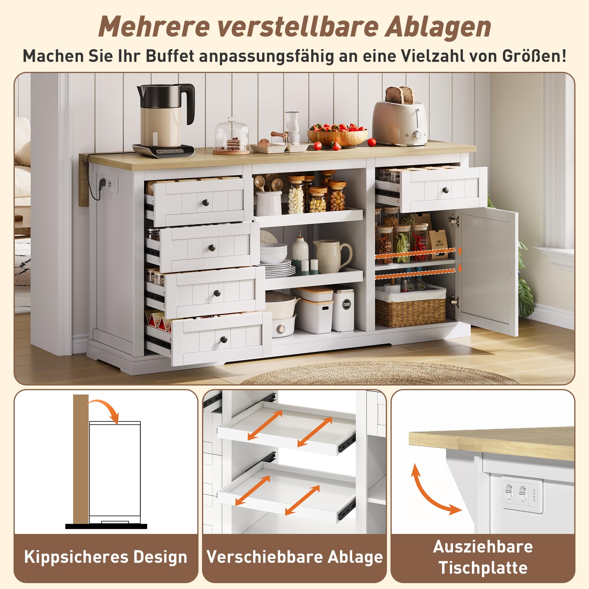 Îlot de Cuisine Mobile avec Tablette Escamotable, 5 Tiroirs et Prises Intégrées, Ilot Central Cuisine Meuble de Rangement Multifonction Blanc, 150x65x75 cm